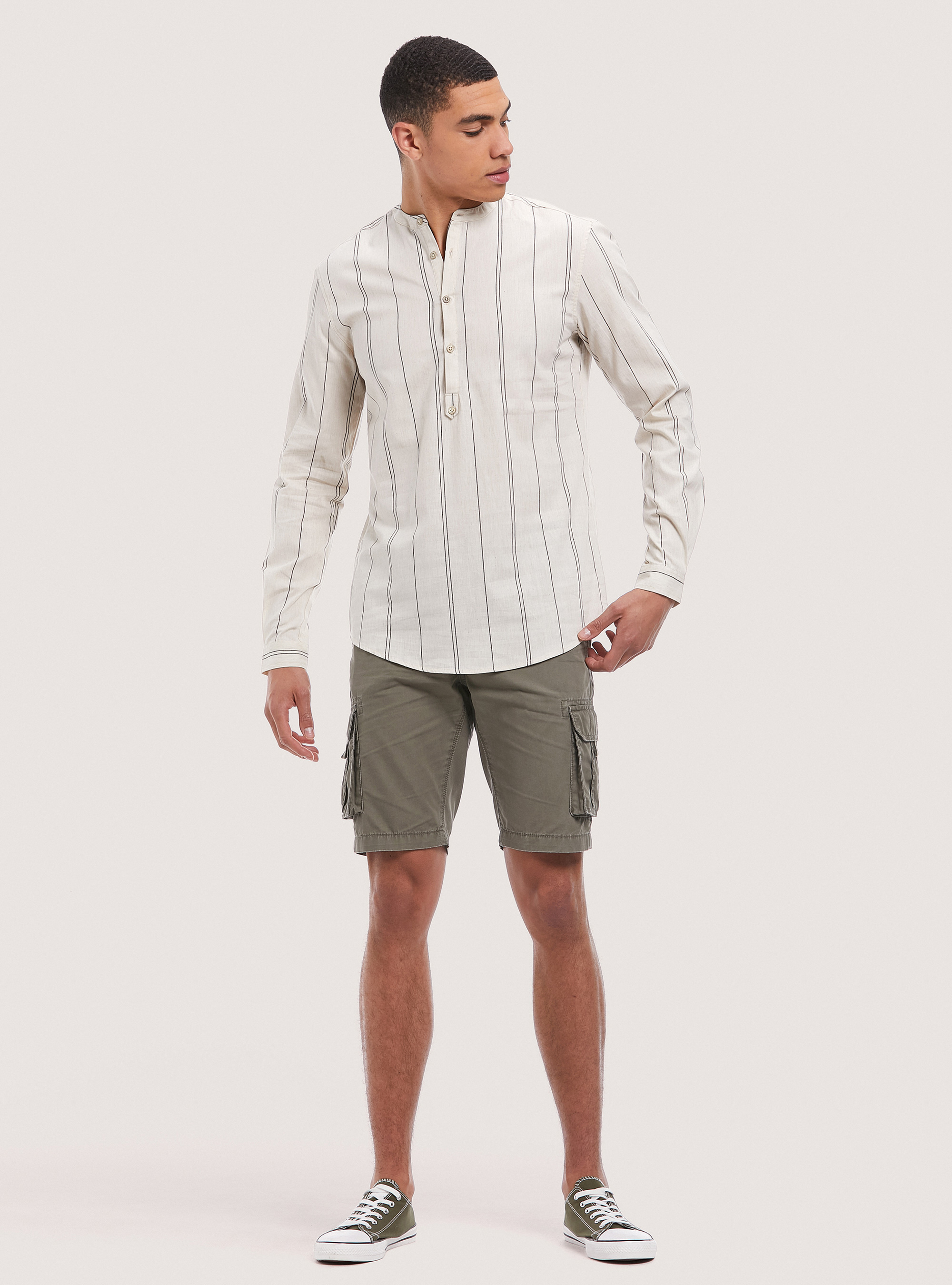 Chemise à rayures en lin mélangé, C101 BLACK/C099 WHITE