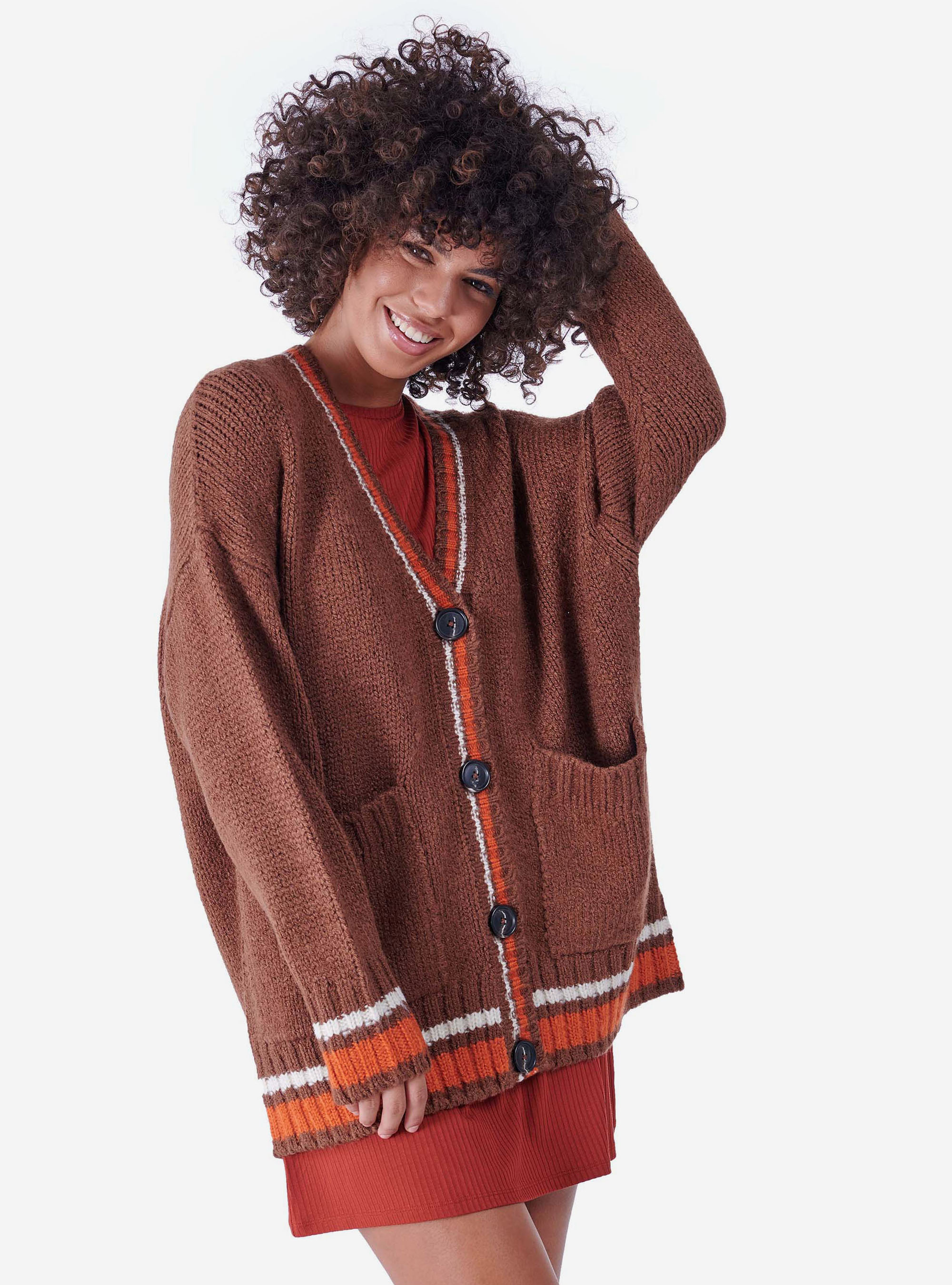 CARDIGAN WITH FLUO DETAILS, TOBACCO