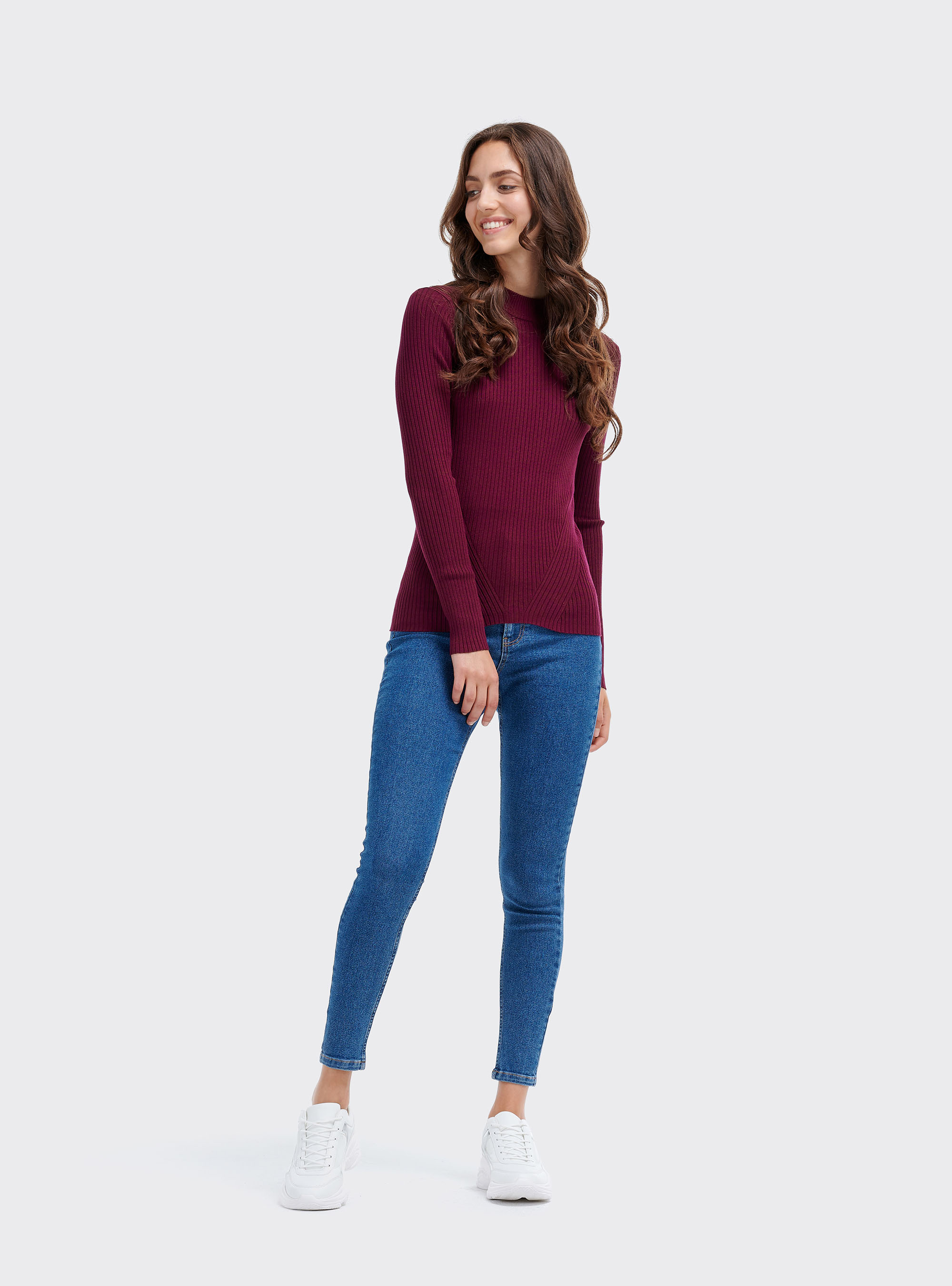 Half-neck pullover in ribbed knit, BORDEAUX