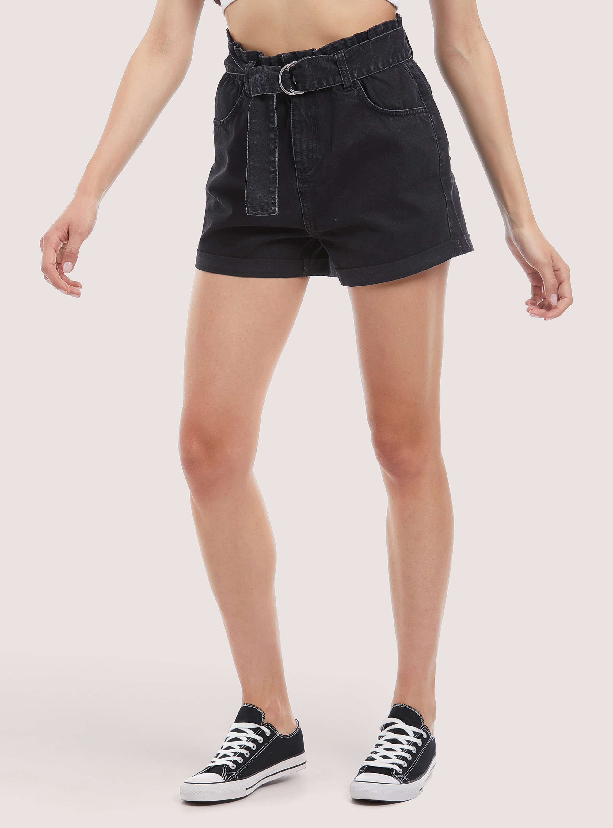 Denim shorts with strap, D000 BLACK