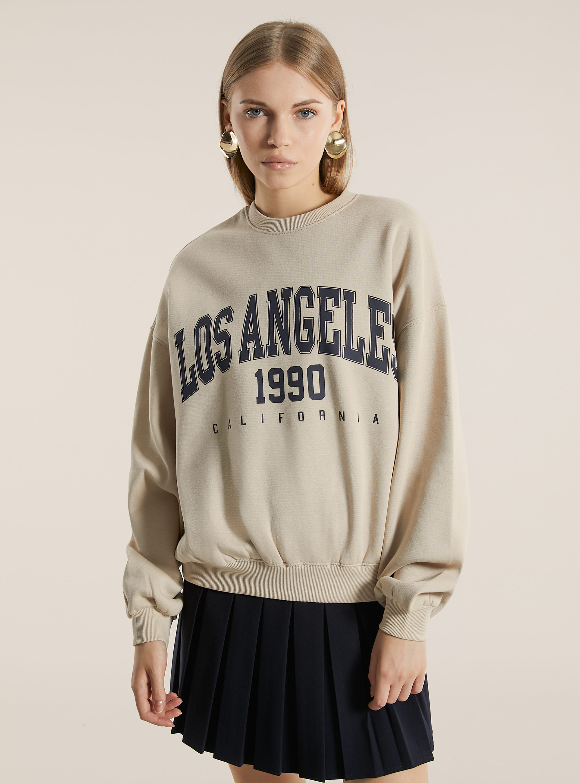 Oversized sweatshirt with print, BG2 BEIGE MEDIUM