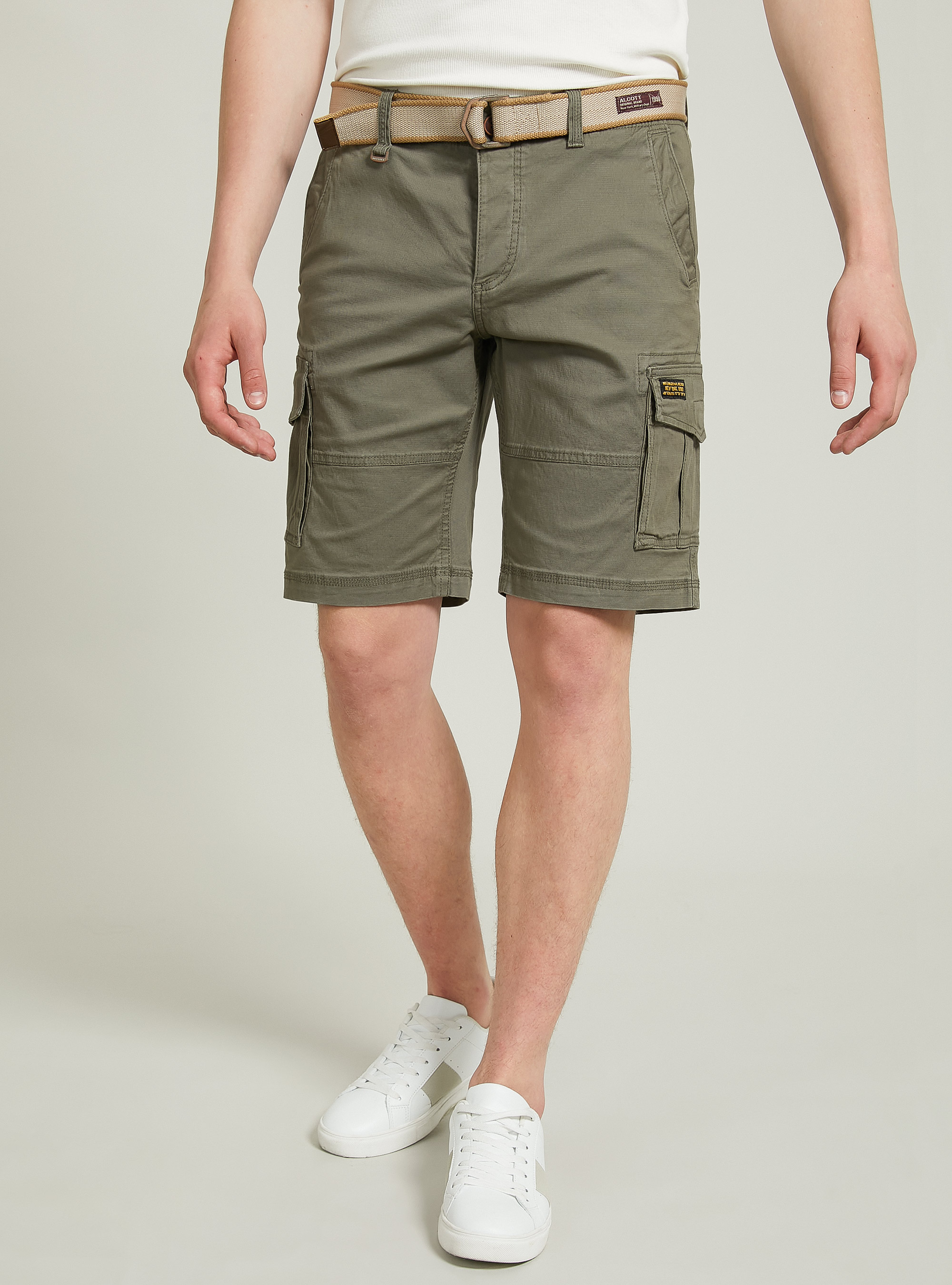 Cotton cargo bermuda with canvas belt, KY2 KAKY MEDIUM
