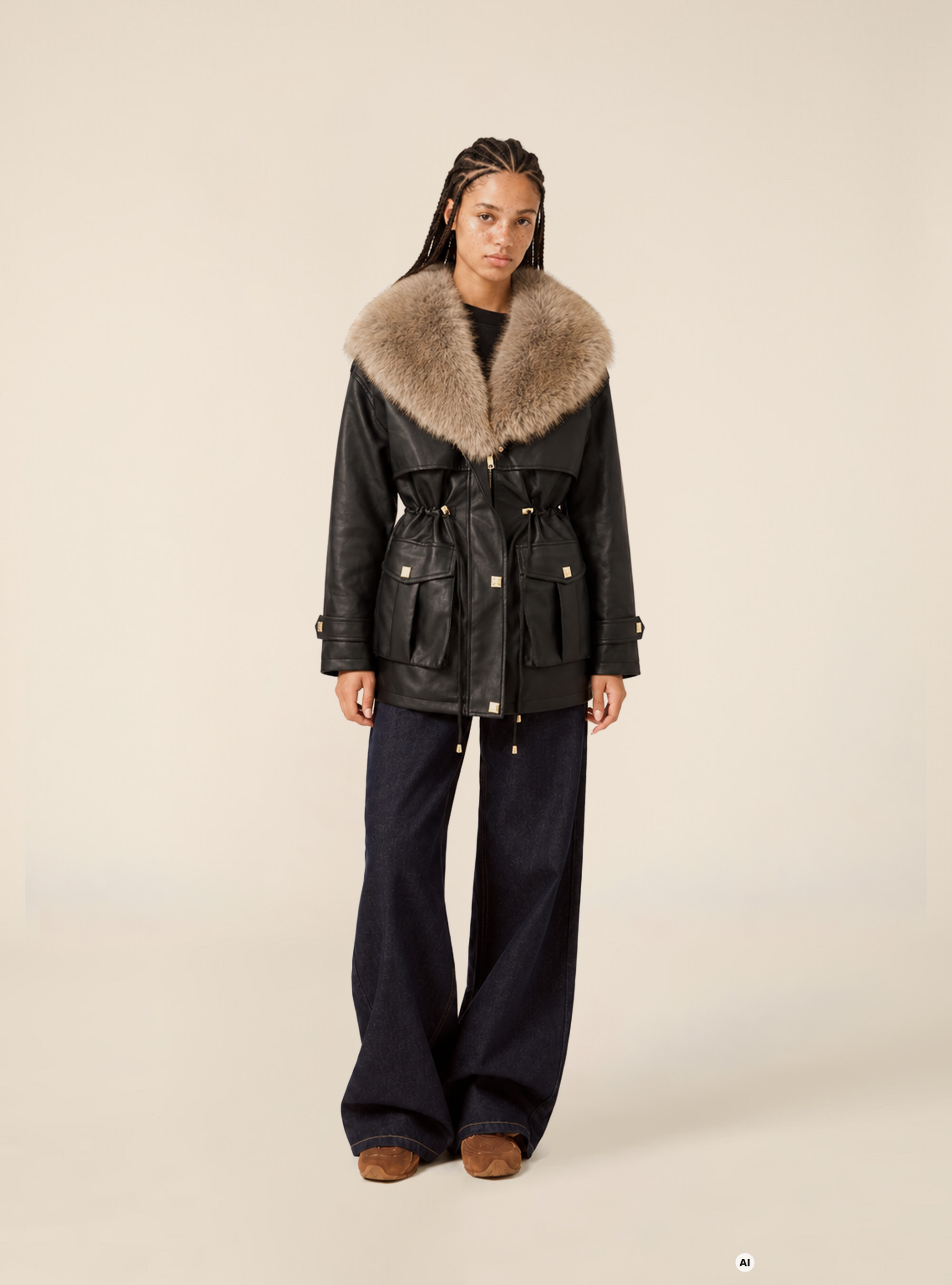 Faux leather jacket with faux fur collar, BK1 BLACK