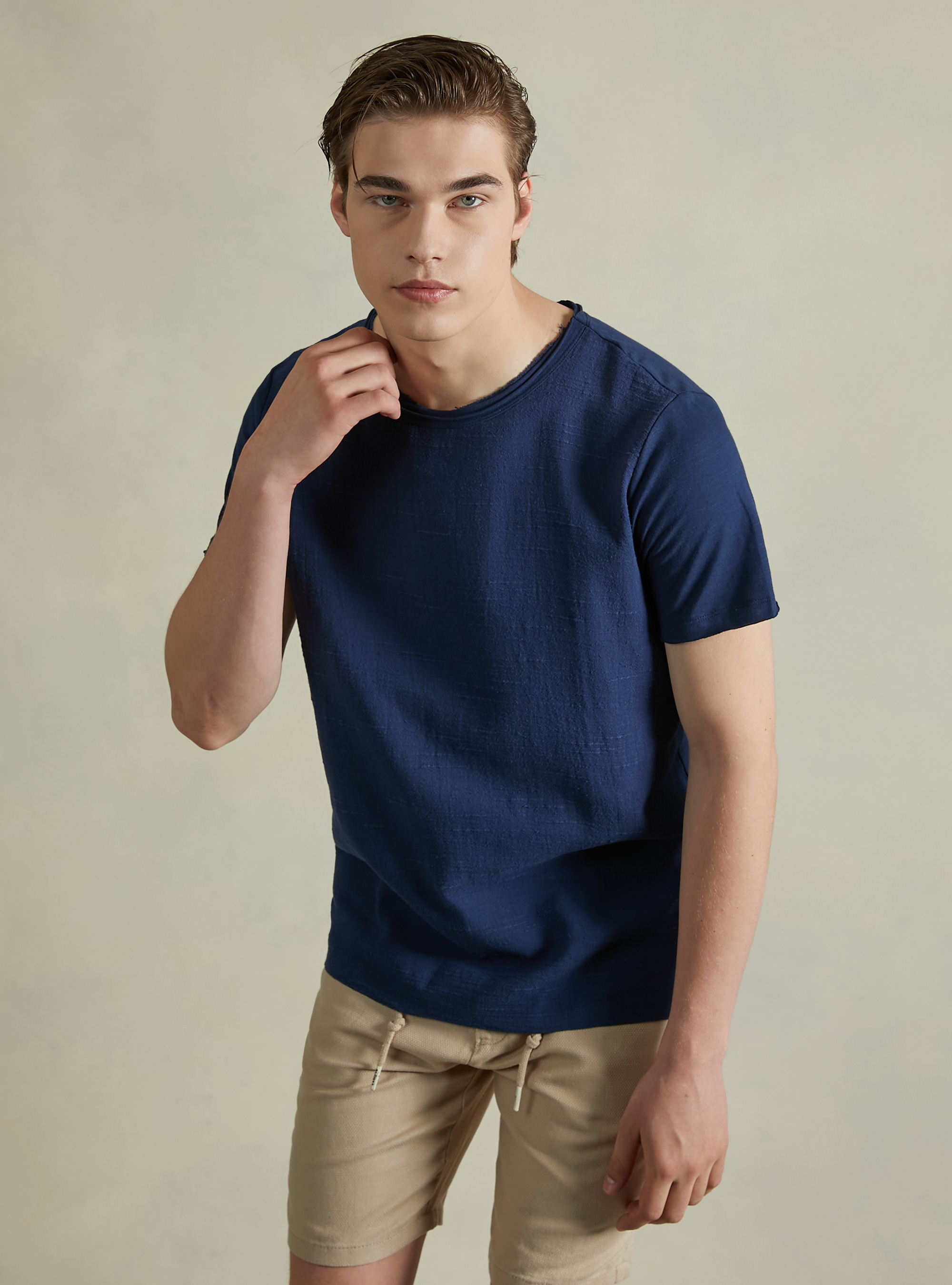 Maglietta in misto lino in tessuto fiammato, NA1 NAVY DARK