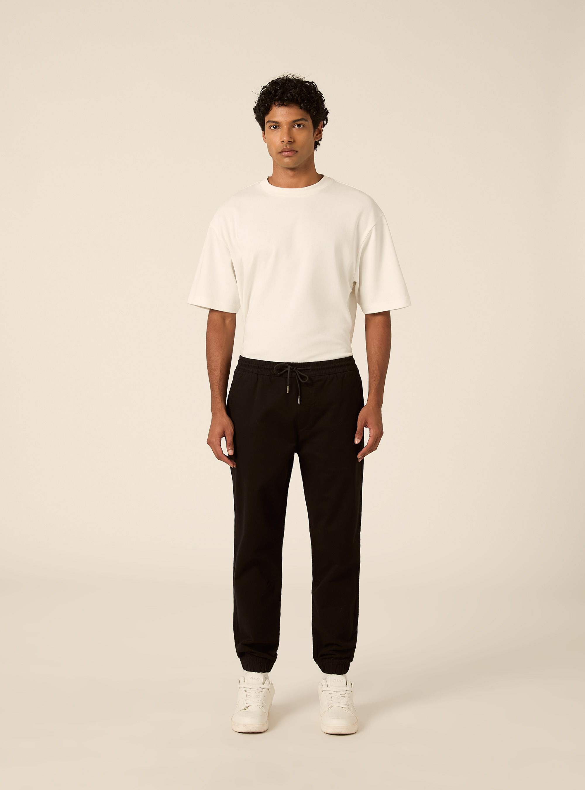 Pantaloni twill stretch elastico e stringa in vita, BK1 BLACK