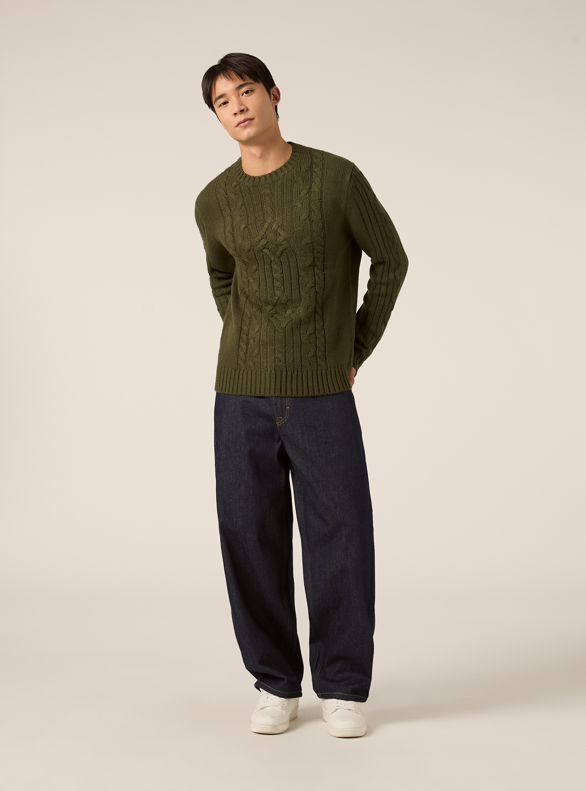 Crew neck jumper with cable knit, KY2 KAKY MEDIUM