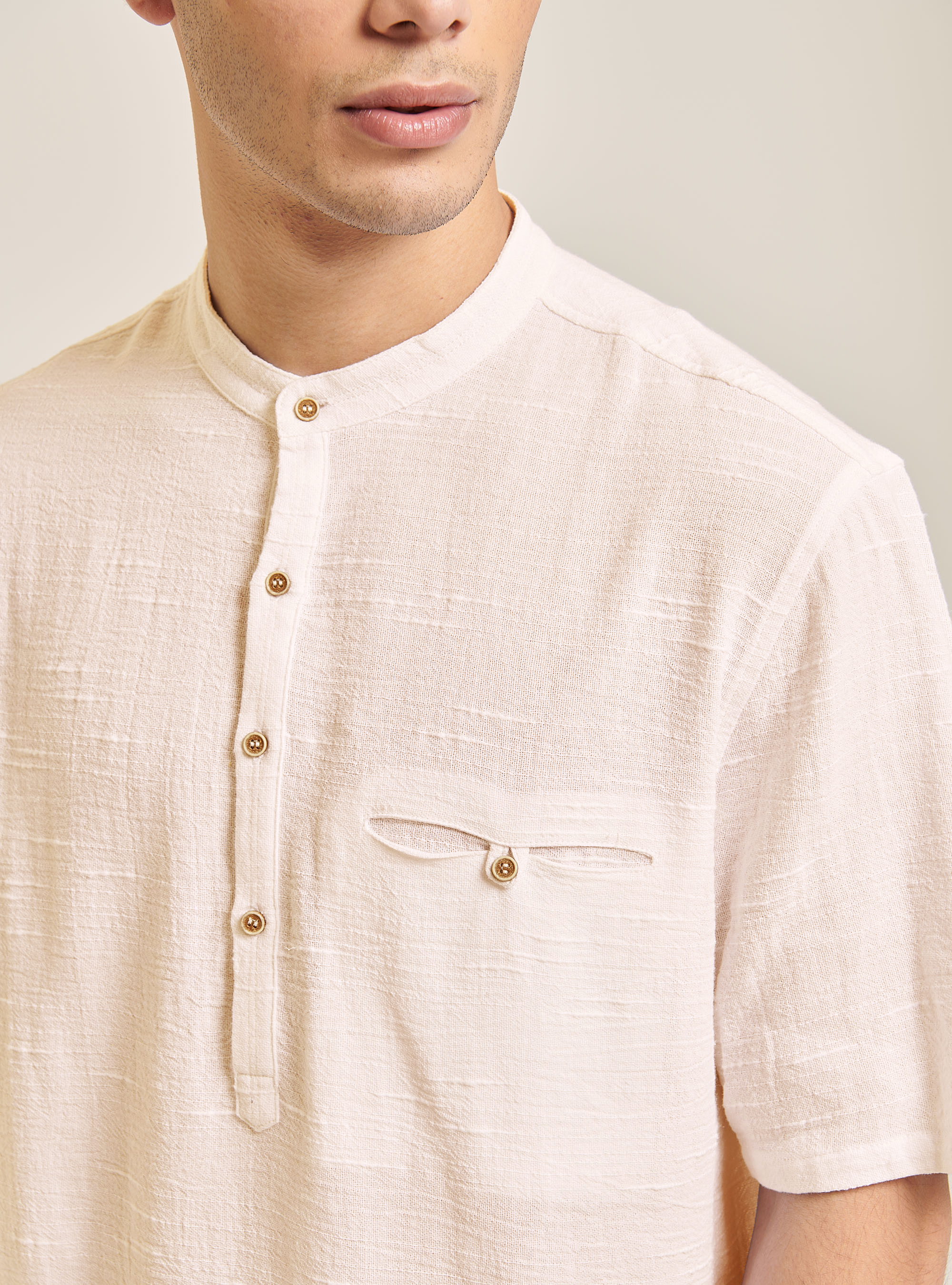 Linen blend shirt with Korean collar, BG3 BEIGE LIGHT