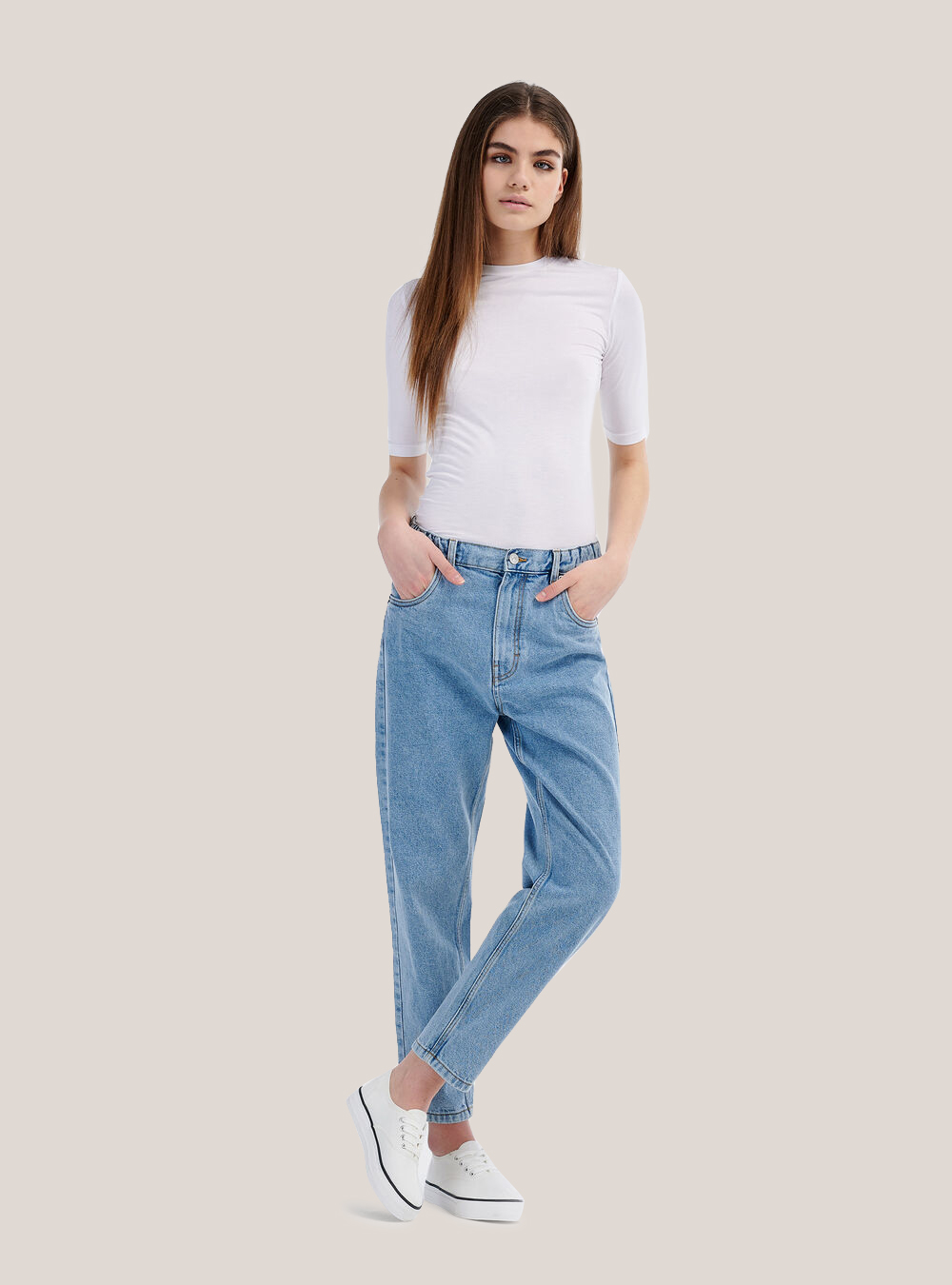 Jeans coupe mom avec élastique coton bio, C272 BLUE