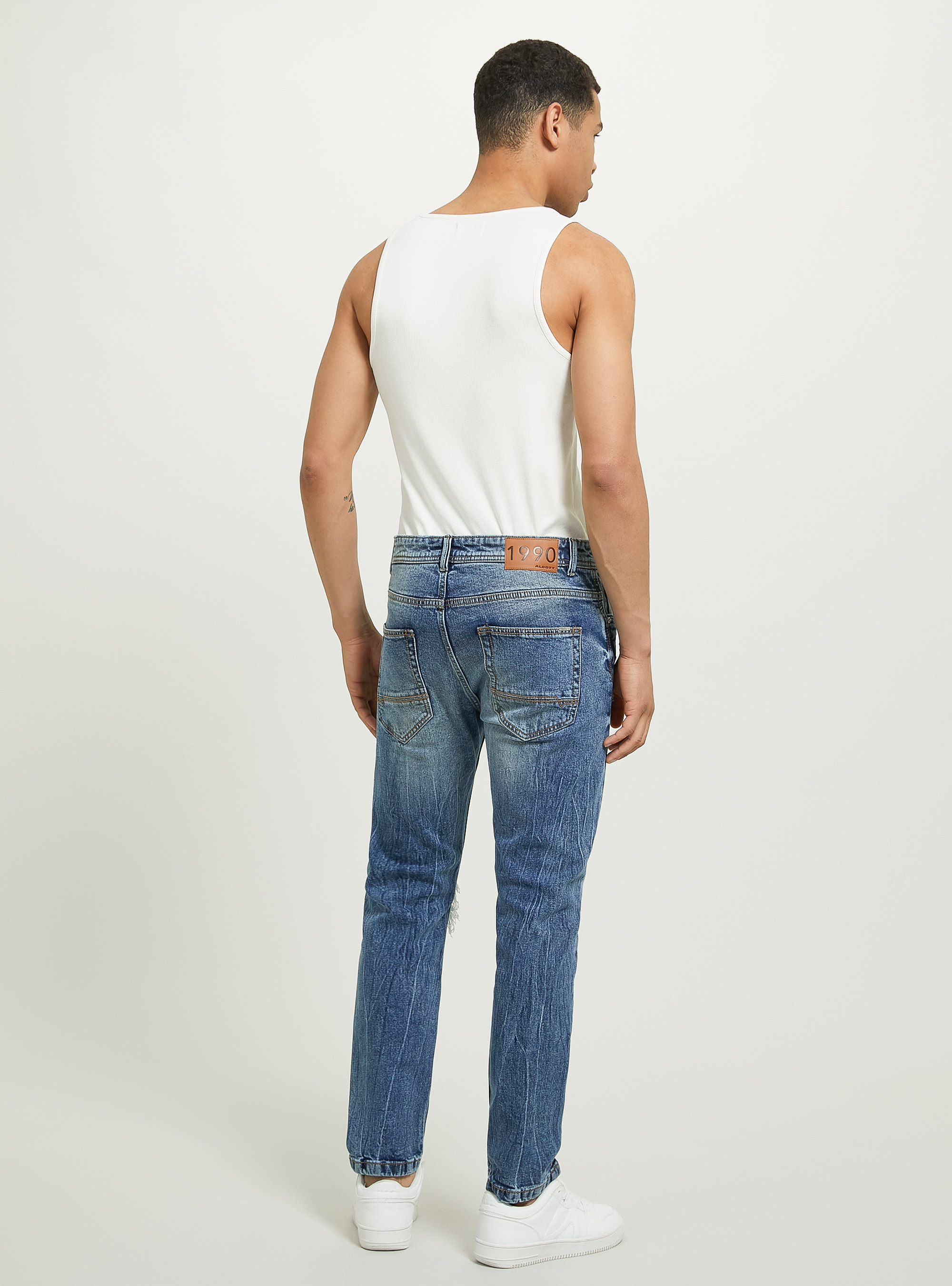 Slim fit stretch denim jeans with rips, D002 MEDIUM DARK BLUE