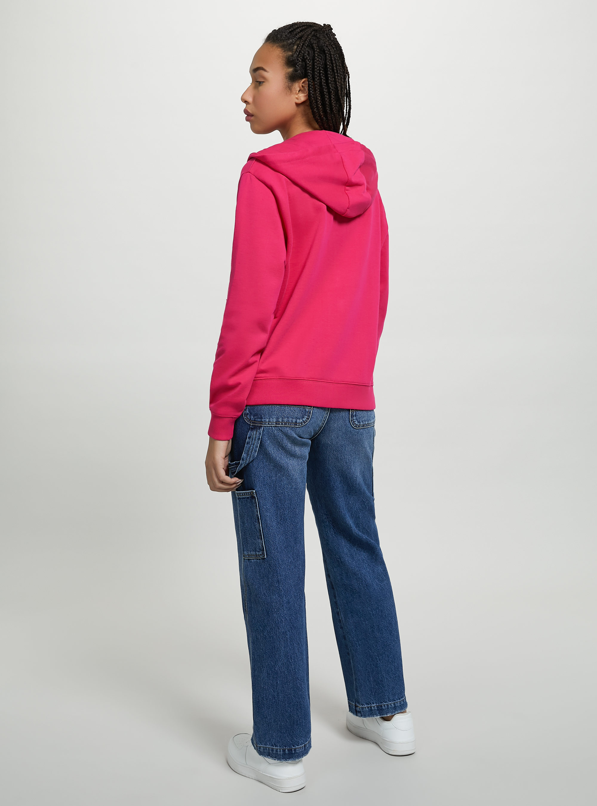 Felpa basic in cotone con zip e cappuccio, FUXIA