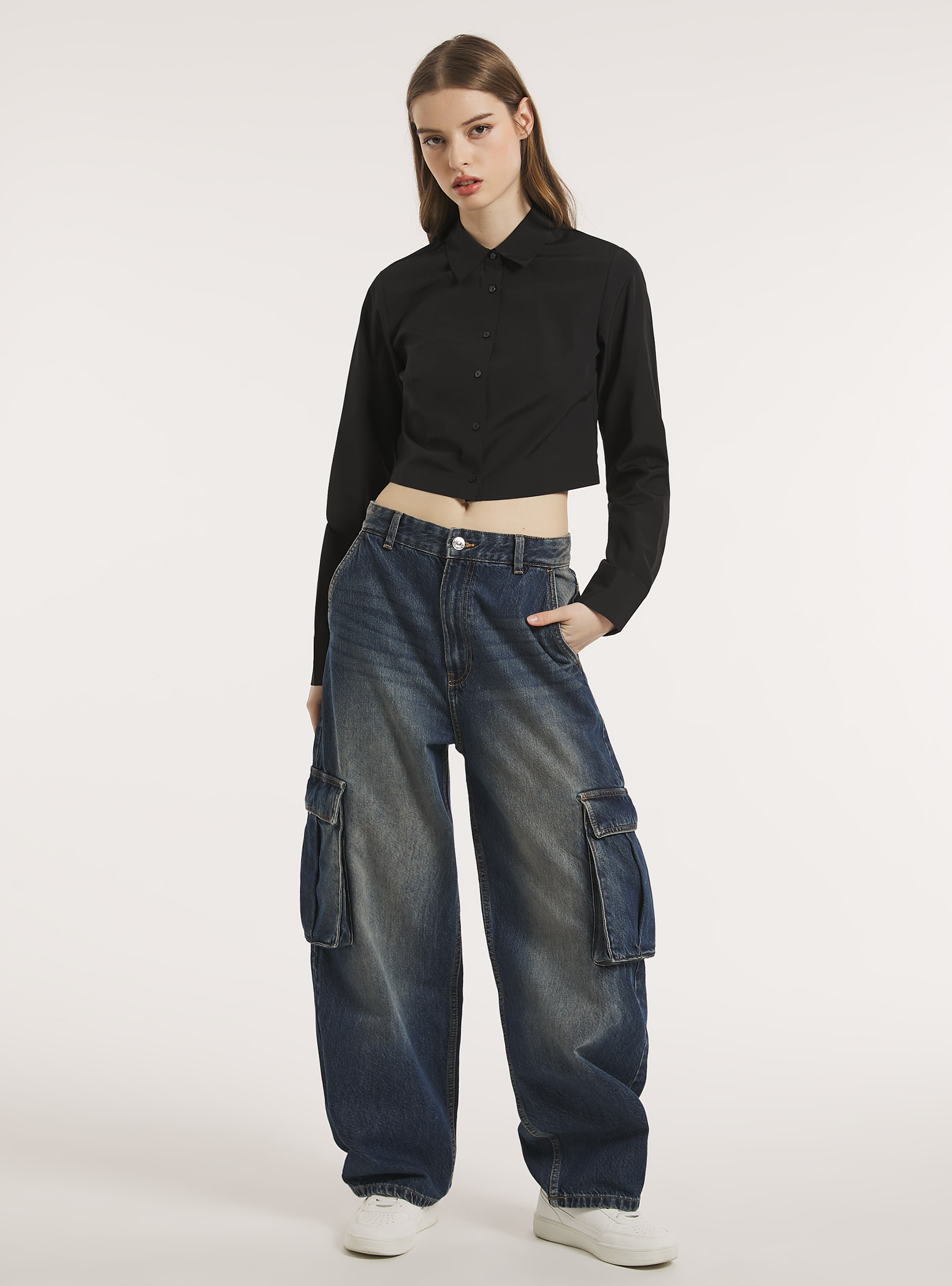 Chemise courte en popeline, BK1 BLACK