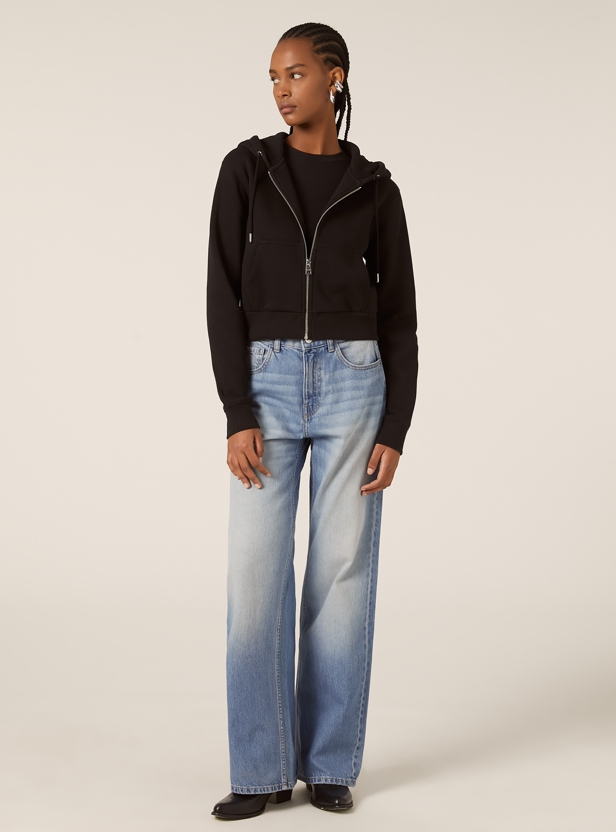 Sweat à capuche zippé court, BK1 BLACK