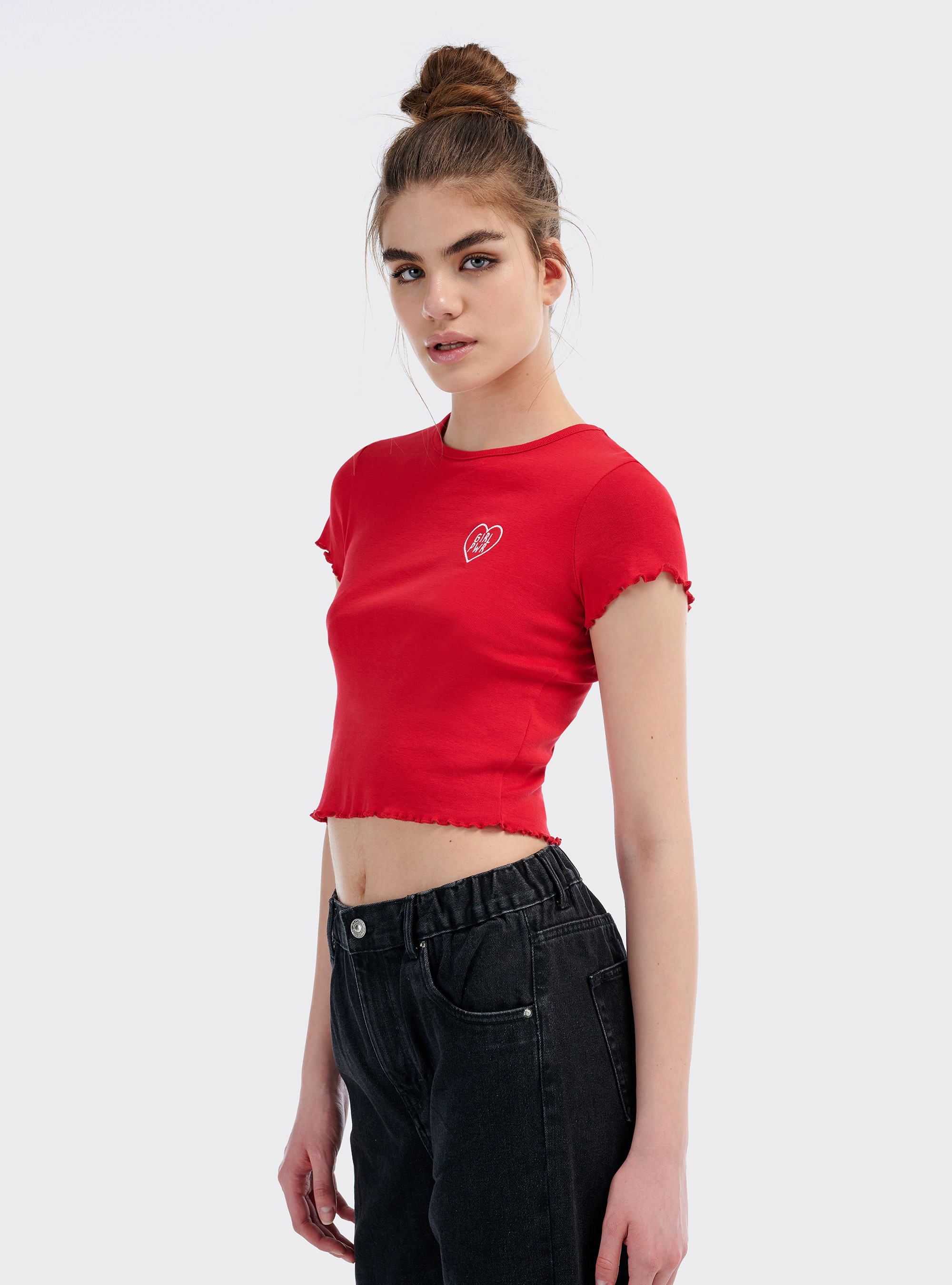 Maglietta cropped con ricamo, RED