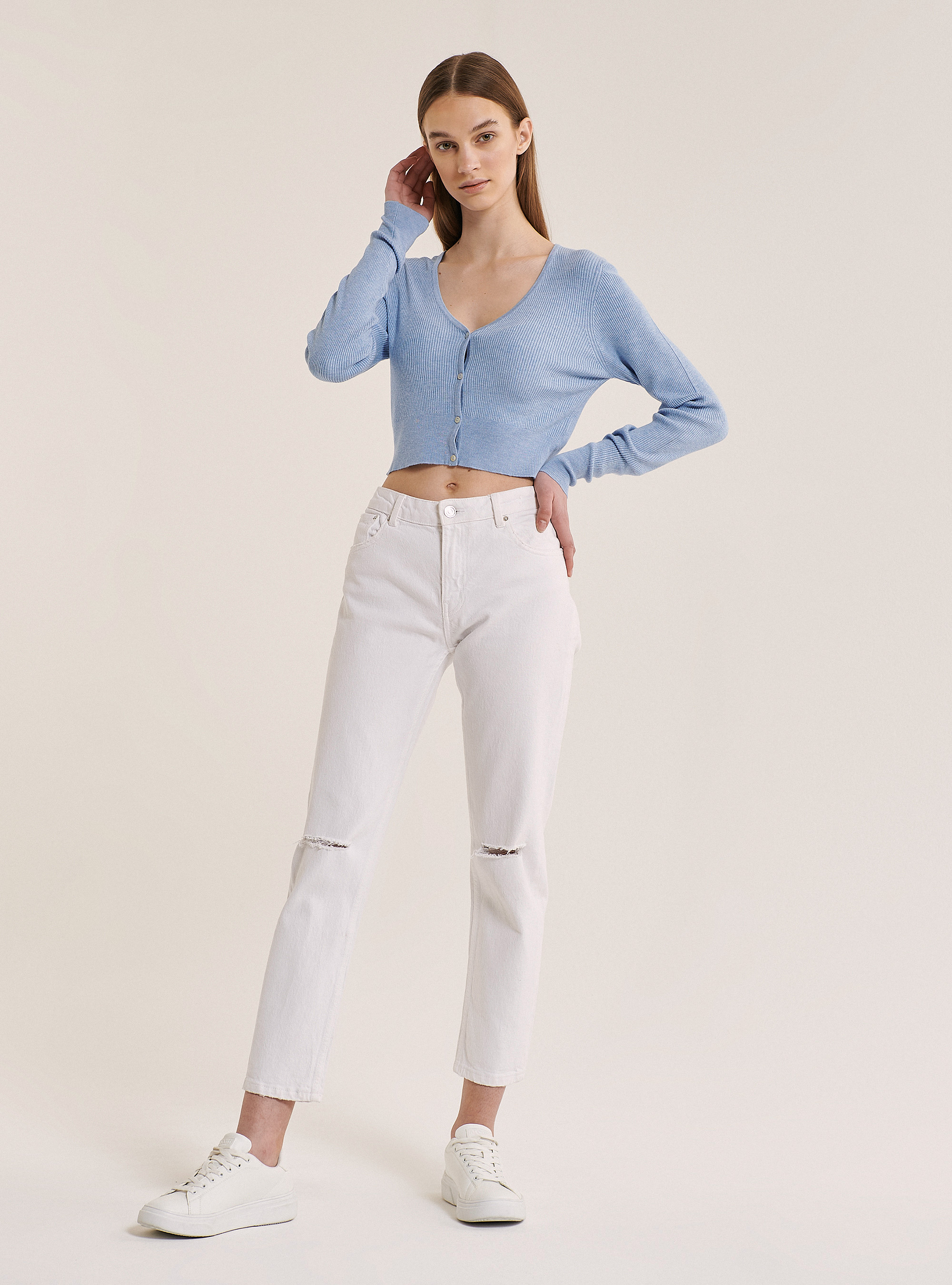 Cropped rib cardigan, AZURE