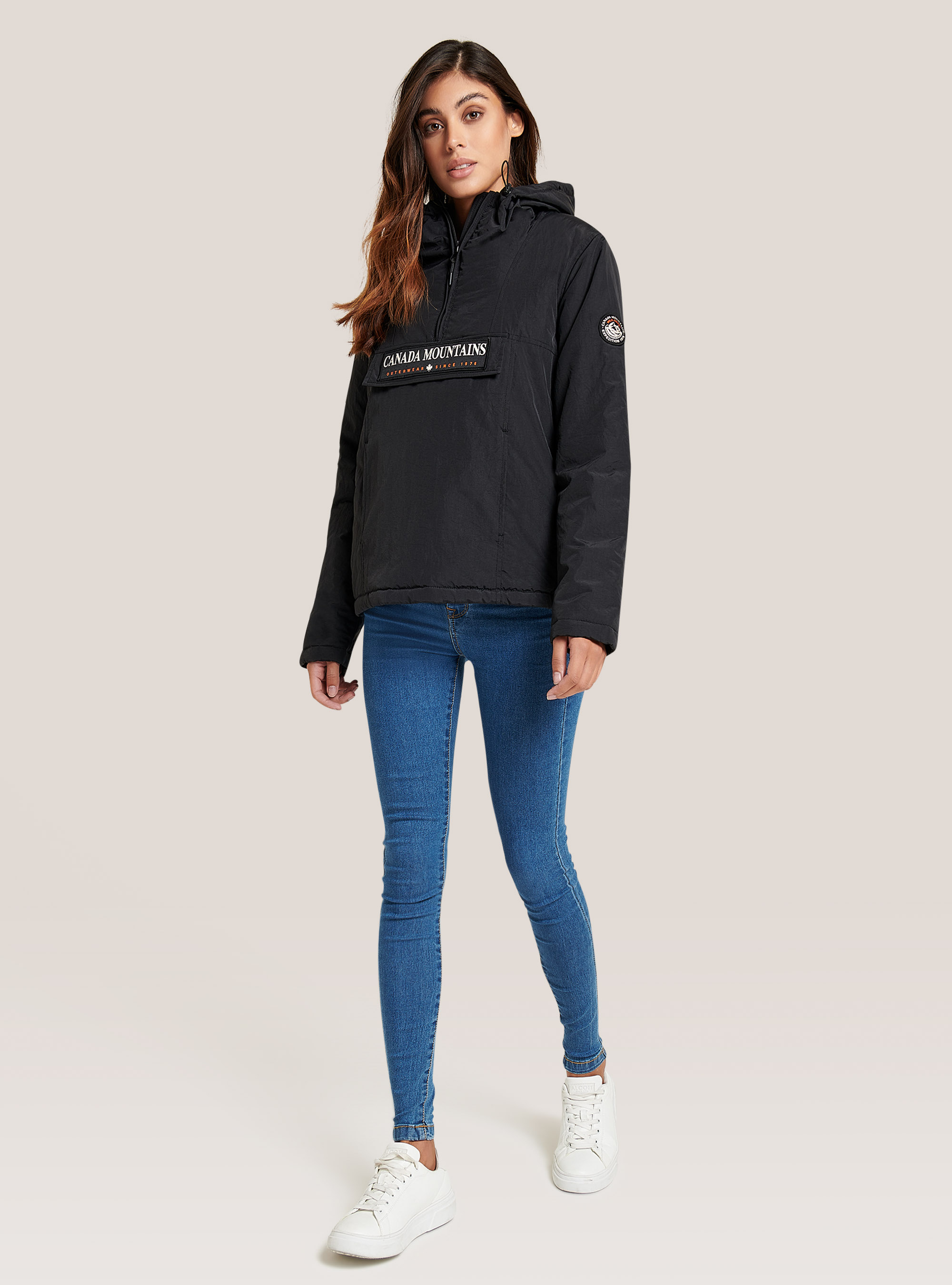 Anorak jacket with front flap with patch and hood, BLACK