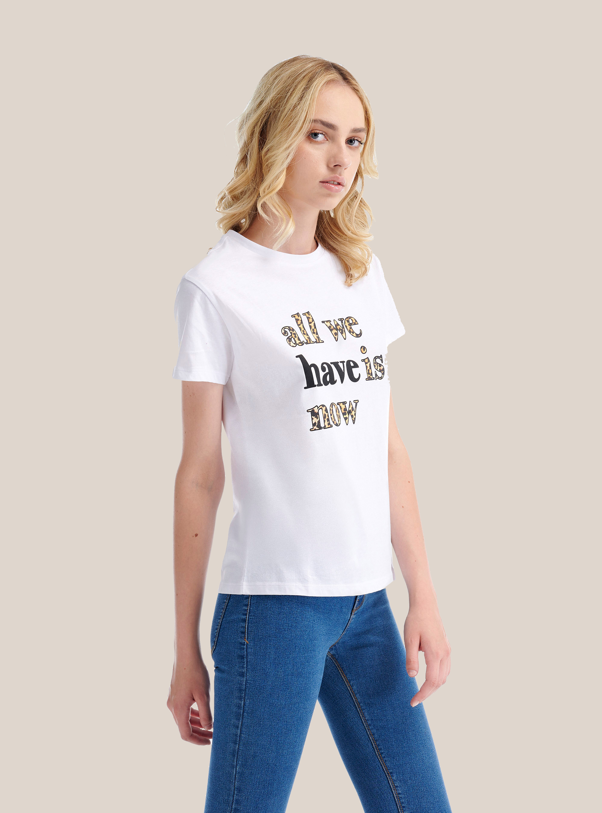 Camiseta de algod&oacute;n con estampado de letras de animales, BLANCO