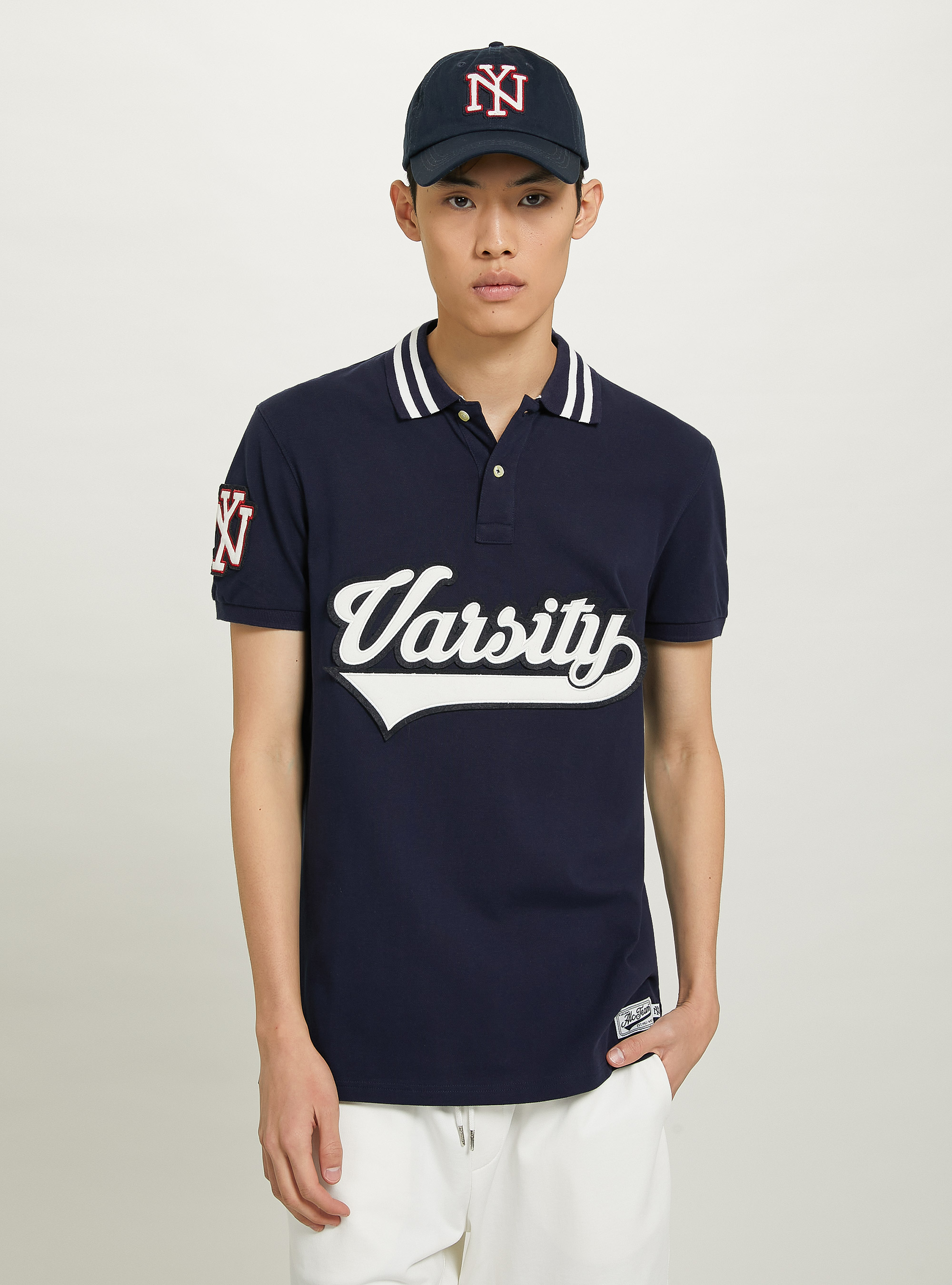 Cotton polo shirt with Varsity patch, C2306 BLU