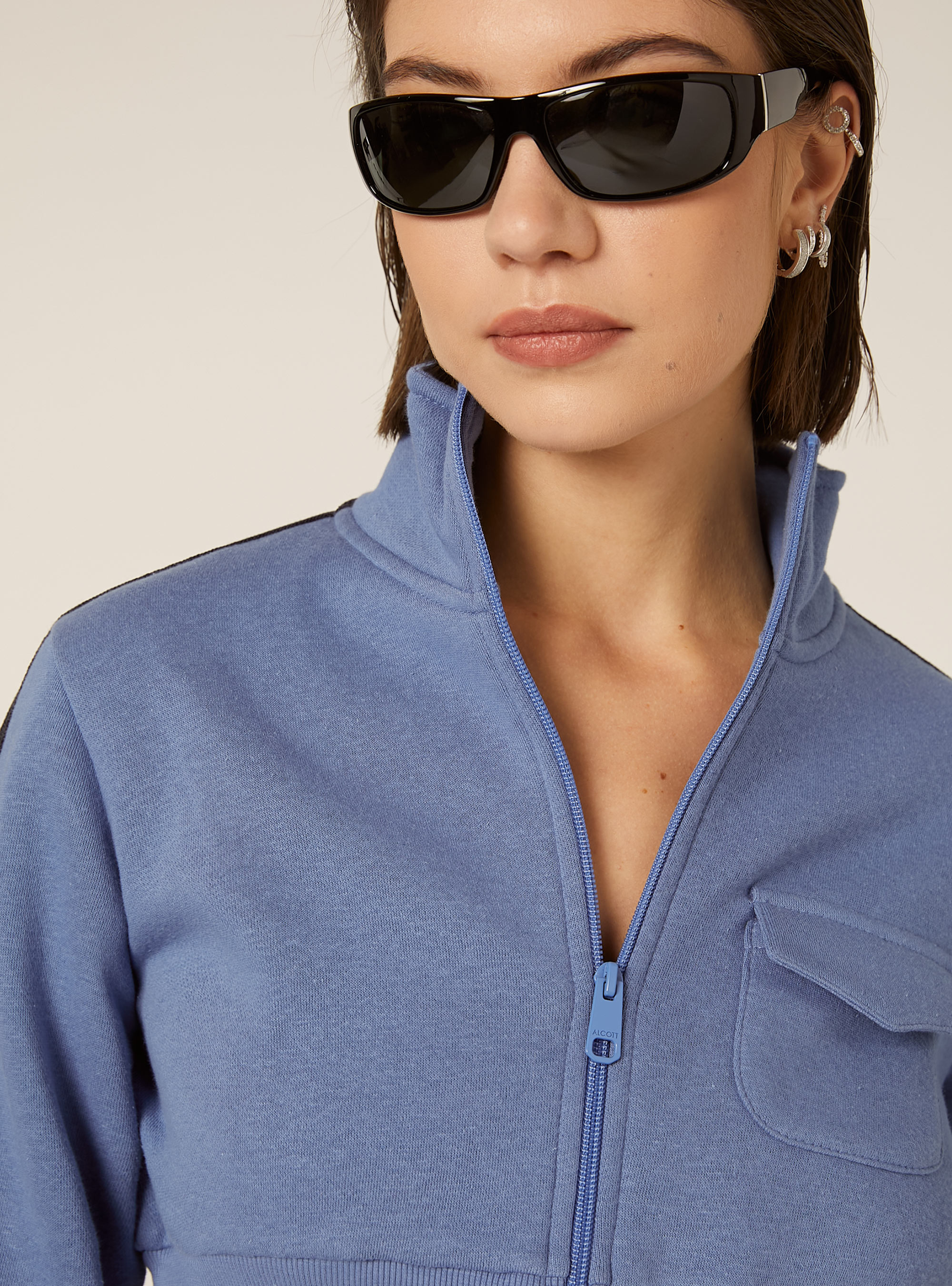 Felpa cropped zip con bande laterali, AZ1 AZURE DARK