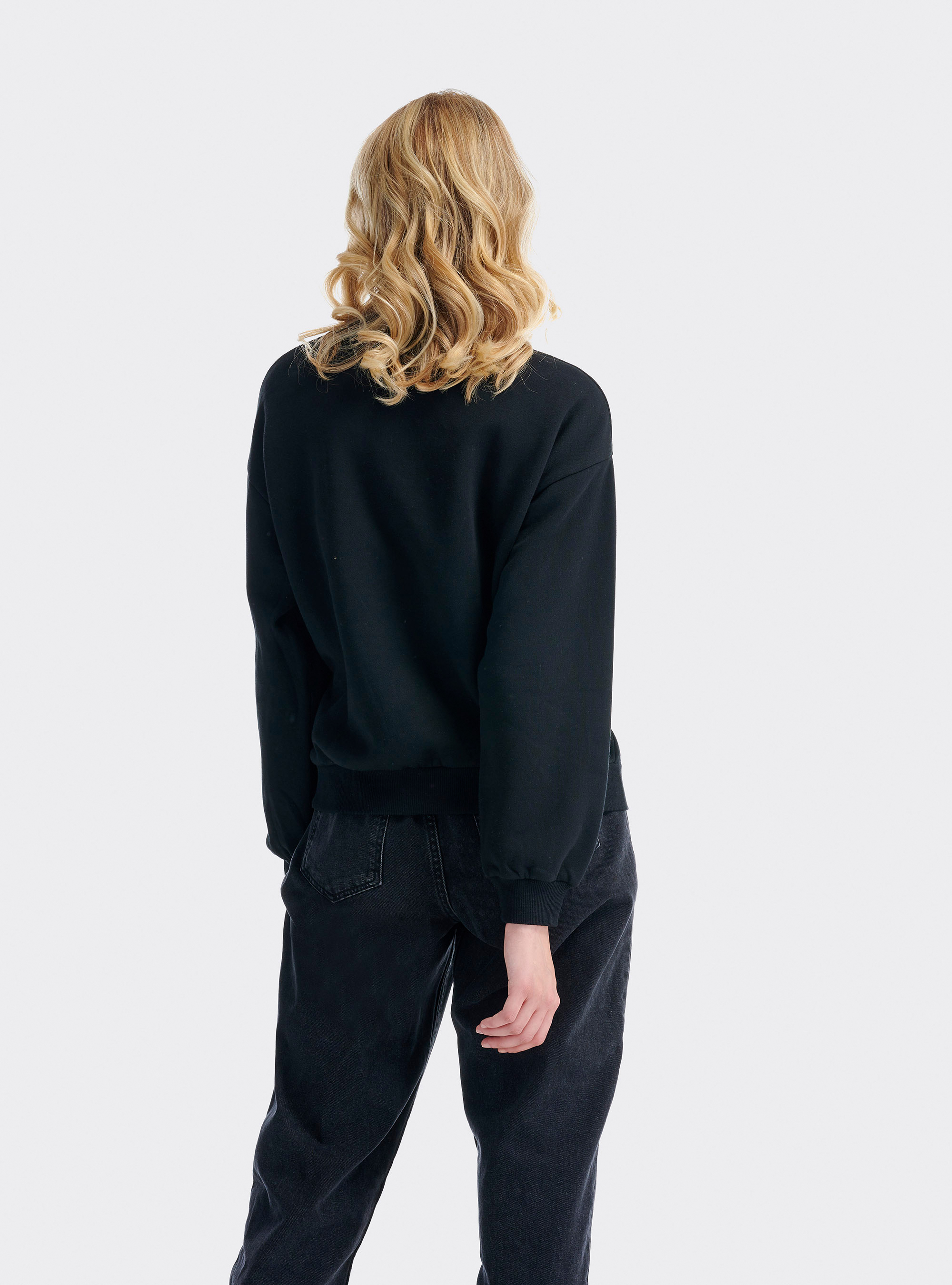 Round neck sweatshirt with sequin applications and slogans, BLACK