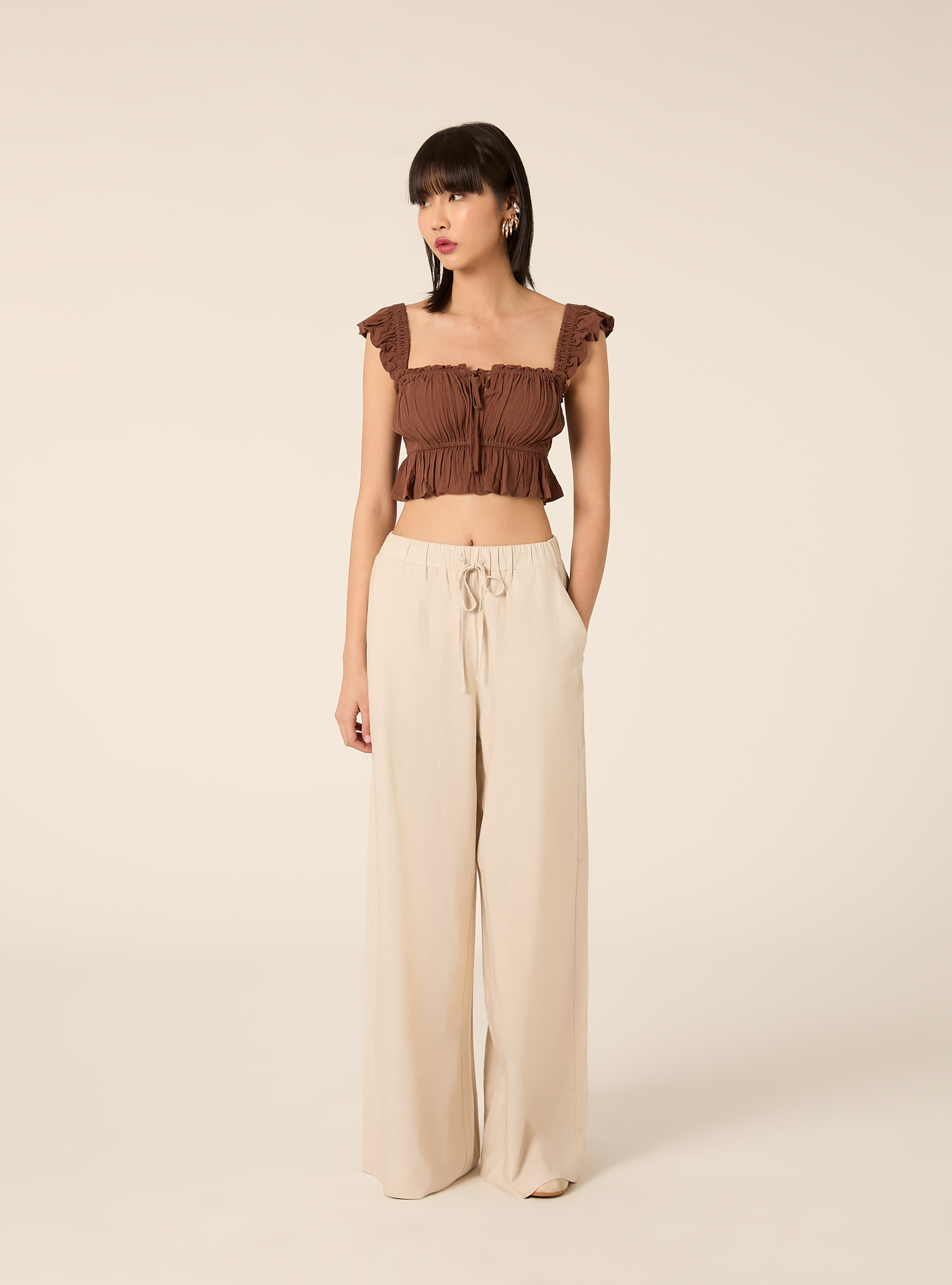 Pantaloni lunghi loose fit in misto lino, BEIGE MEDIO