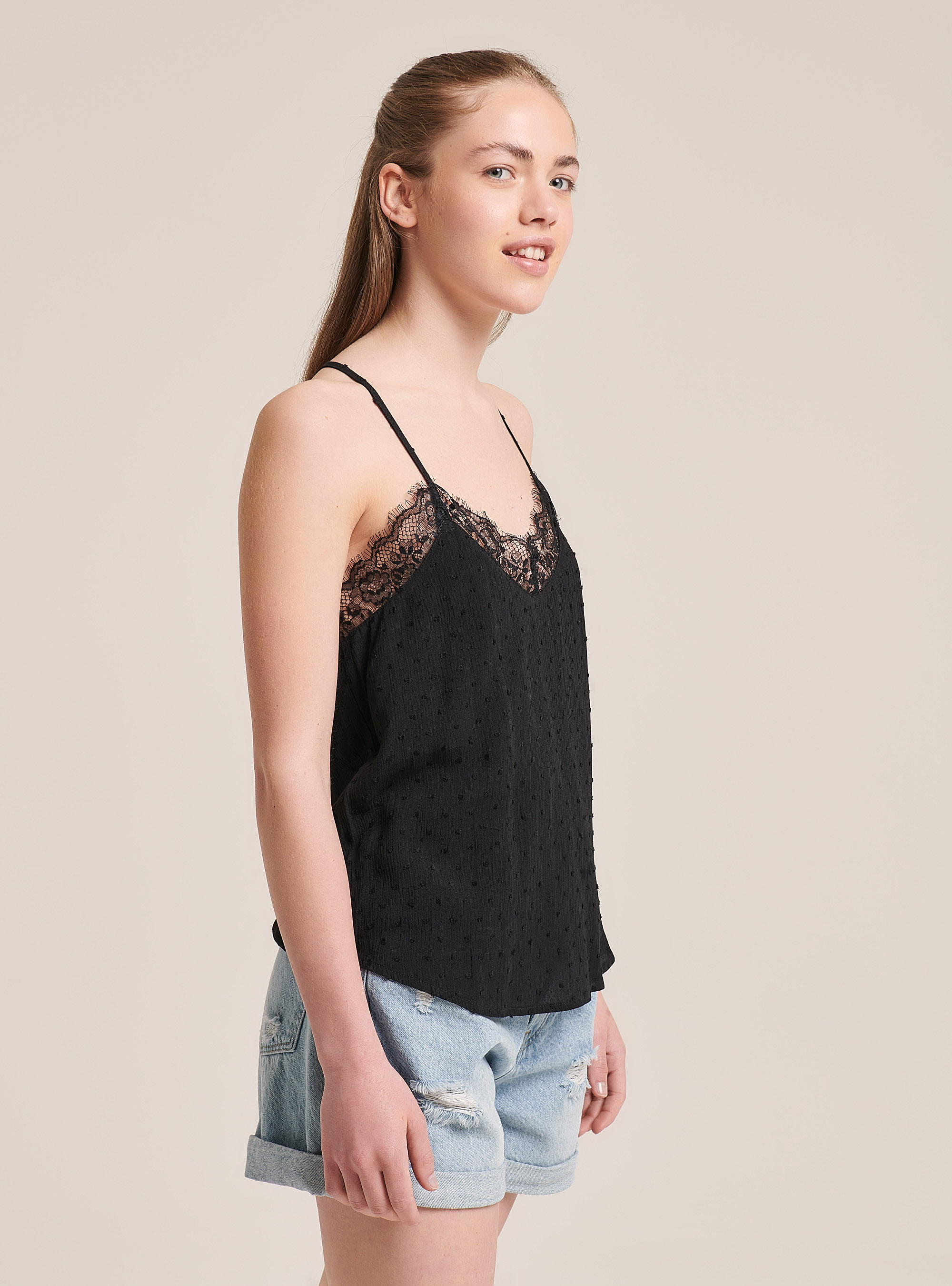 Blouse with lace detail, BLACK