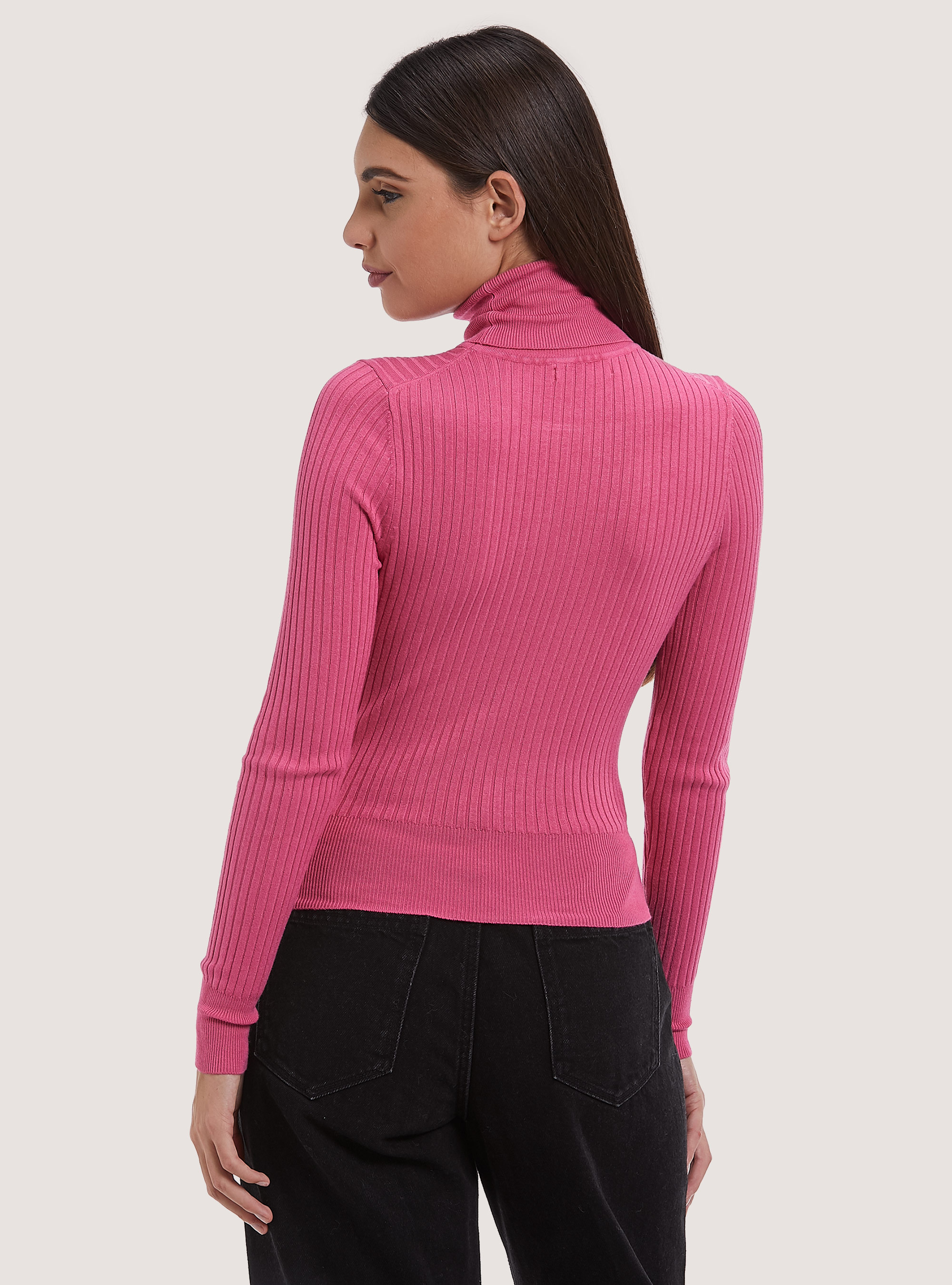 Pullover cropped a collo alto a coste, MPK1 PINK MEL DARK