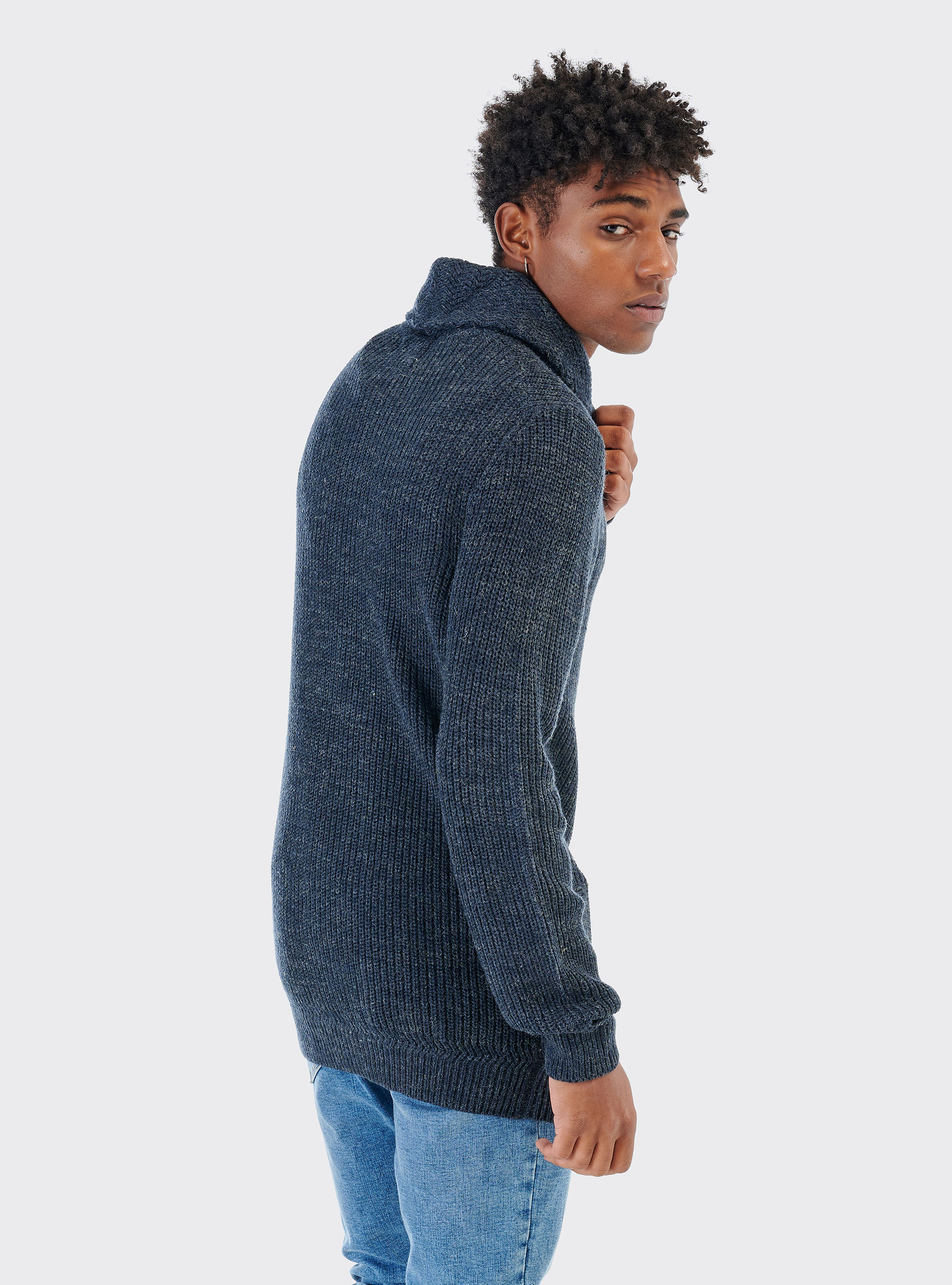 PULLOVER WITH SHAWL COLLAR, BLUE MELANGE