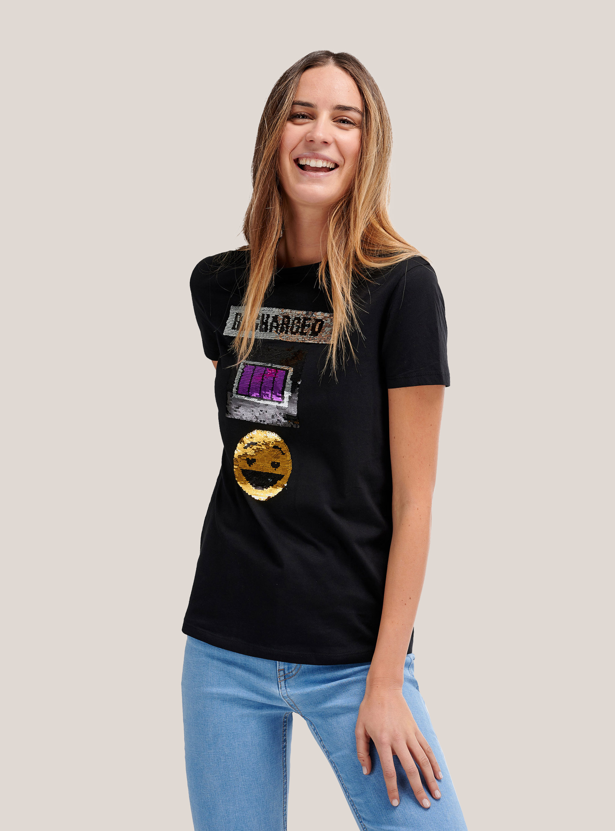 Cotton T-shirt with sequined smiley face, BLACK