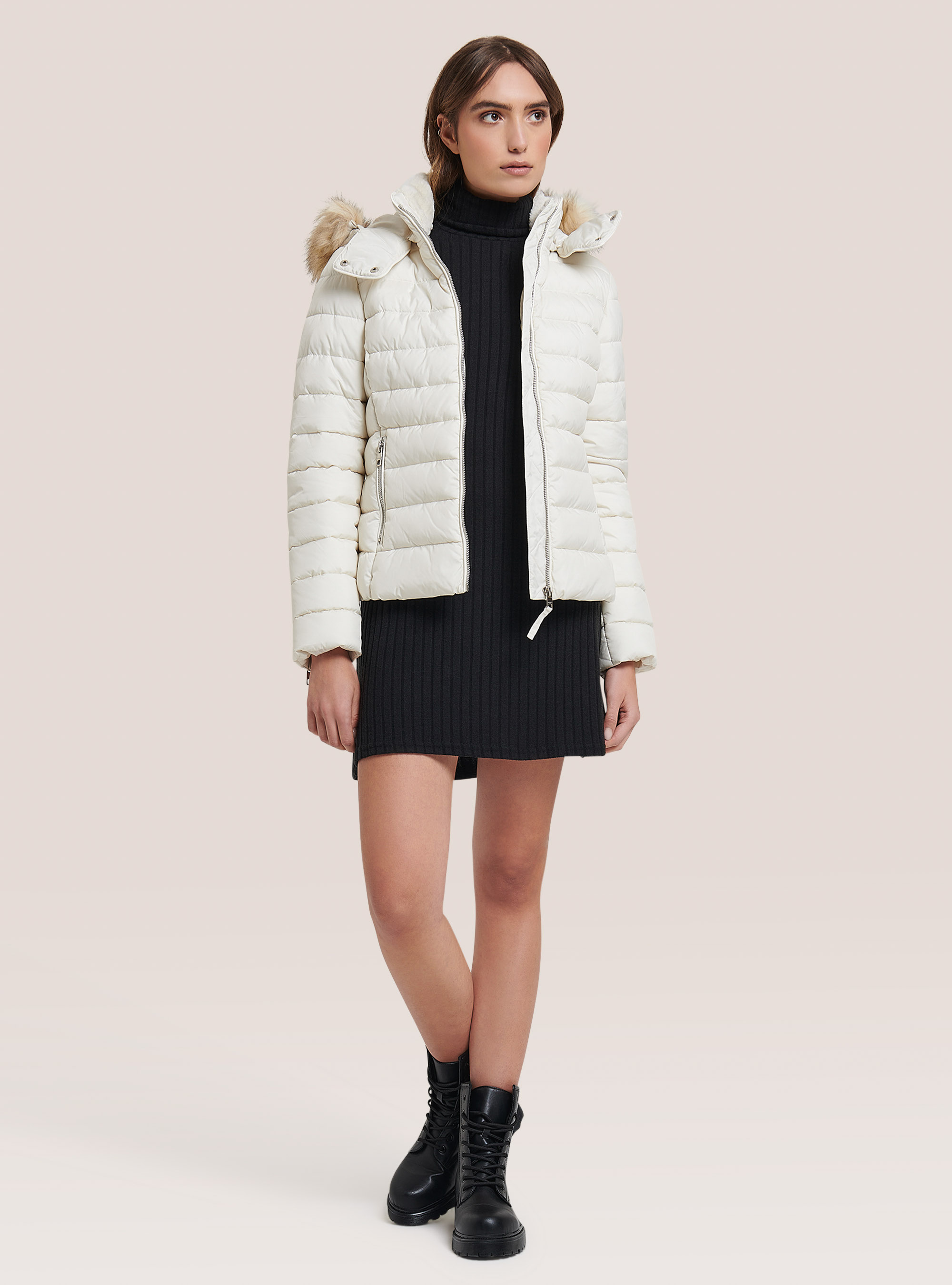 Padded jacket with hood and faux fur collar, OFF-WHITE