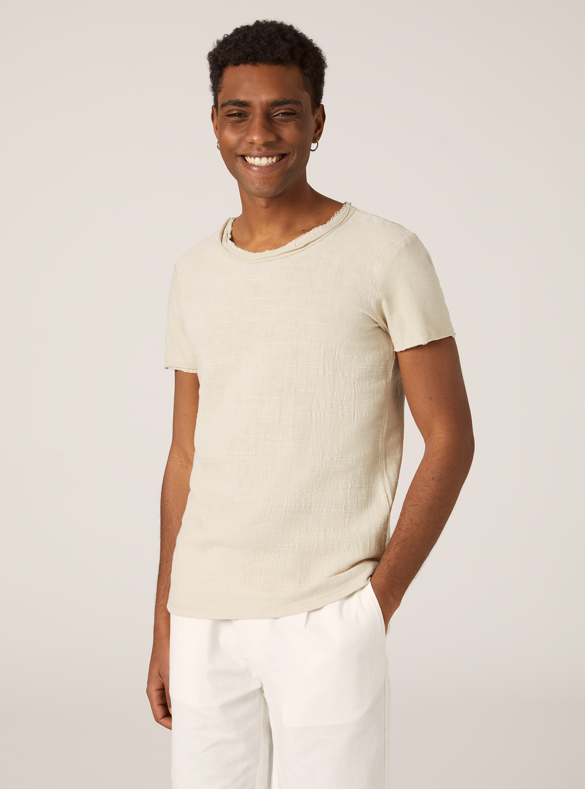 Maglietta in misto lino a maniche corte, BG3 BEIGE LIGHT