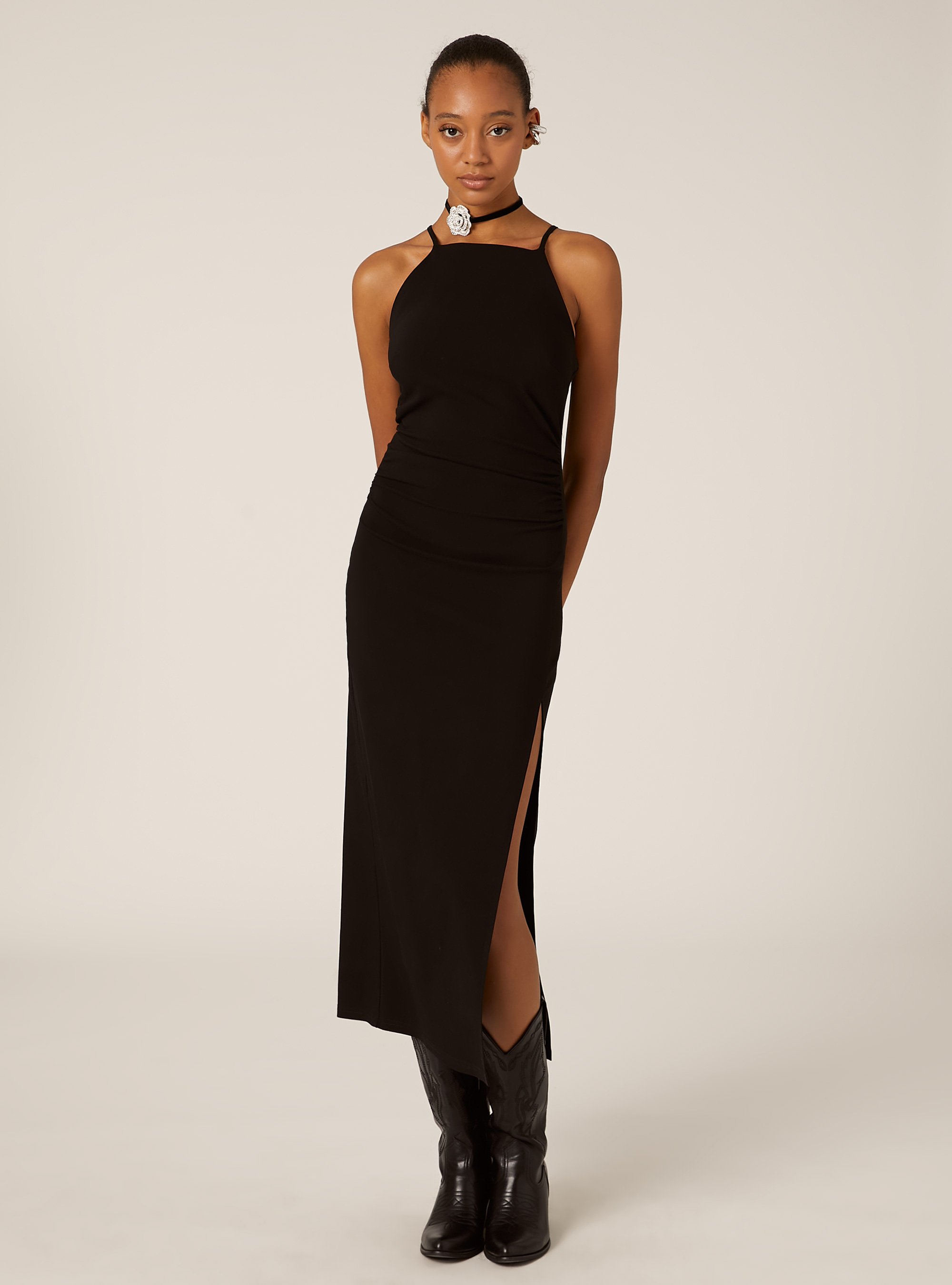 Vestito midi con collo halter, BK1 BLACK