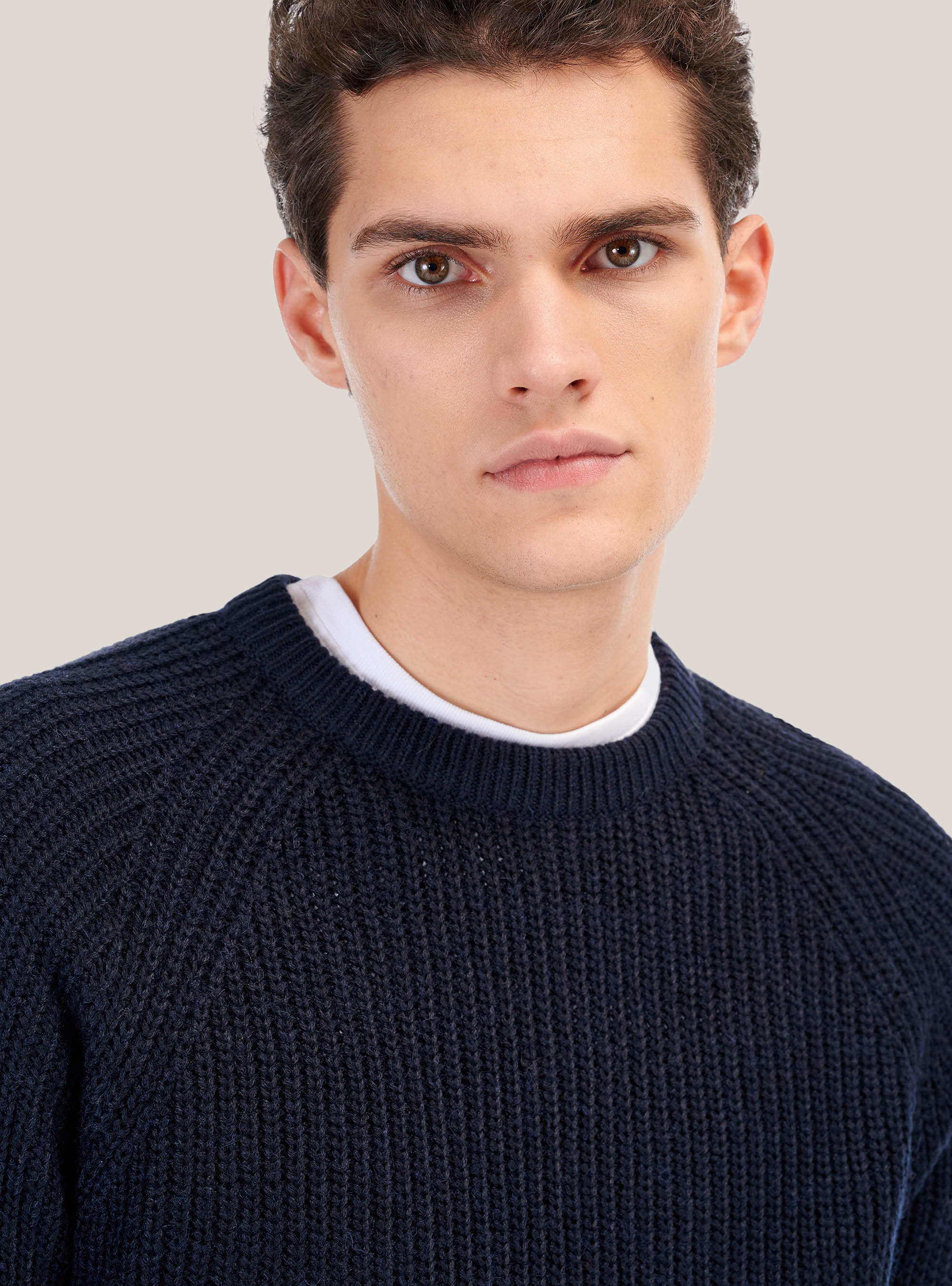 English rib round neck pullover in wool blend, BLUE NAVY