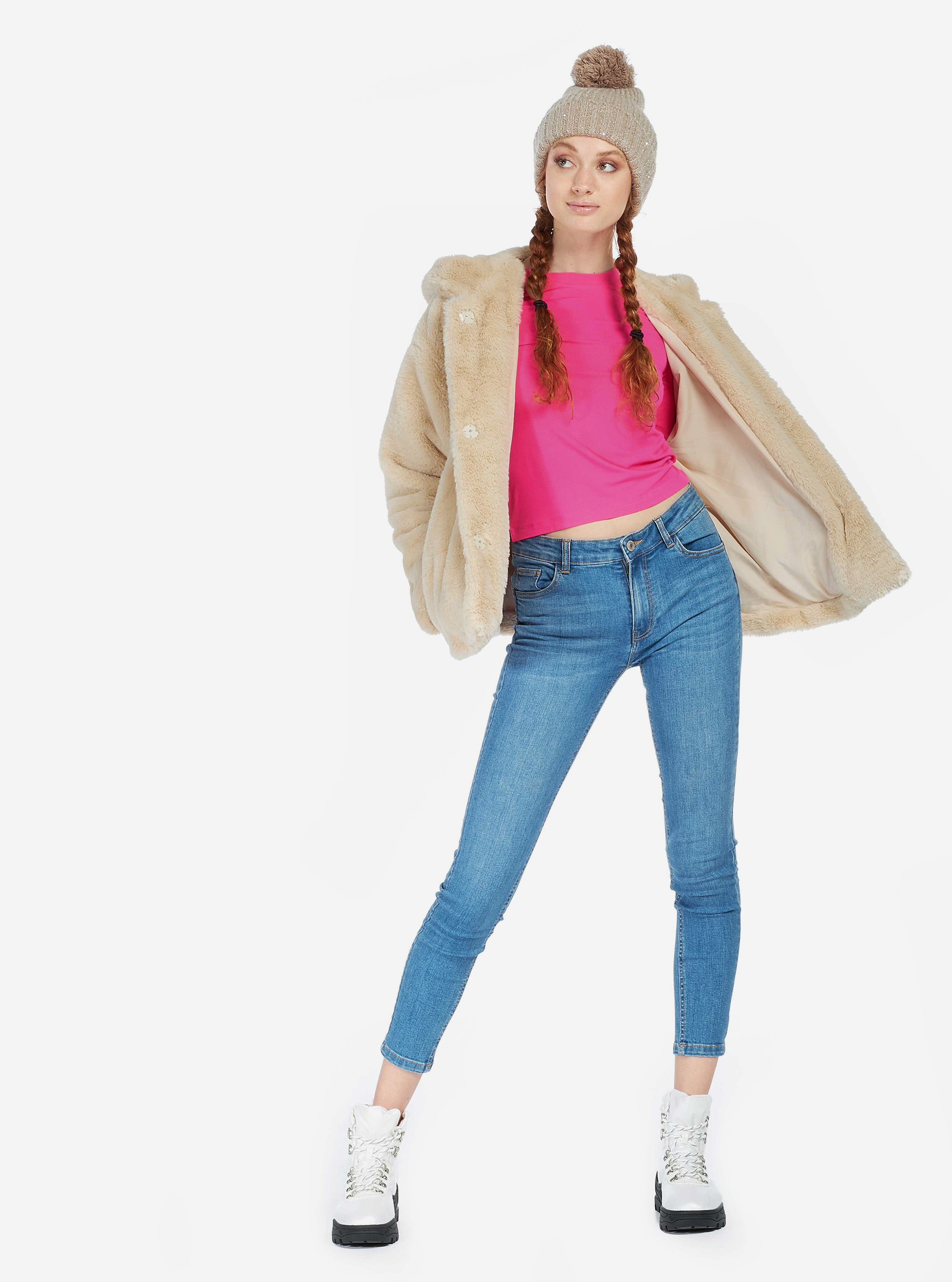 SHORT FAKE FUR COAT WITH HOOD, C5557 BEIGE