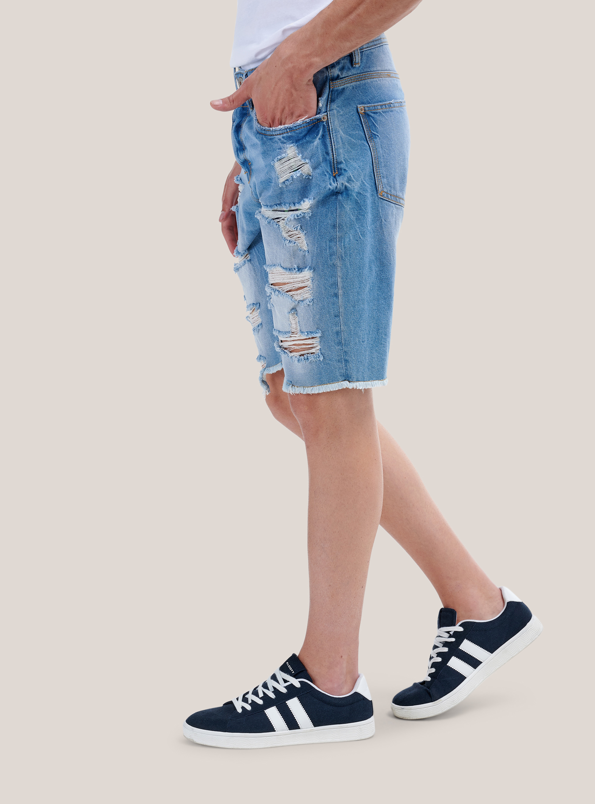 Bermuda in denim con tagli, BLU