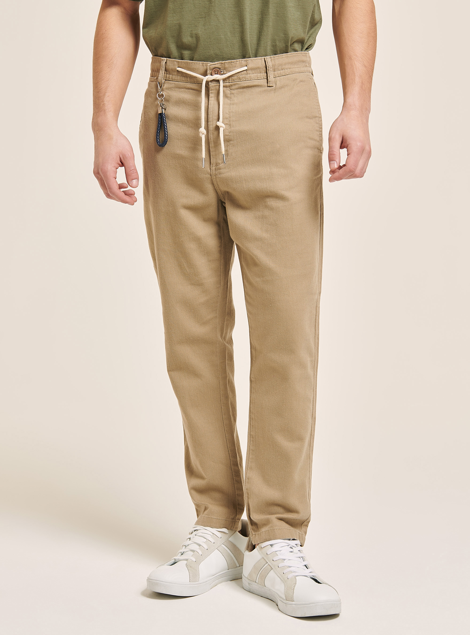 Pantaloni con laccio in vita in misto lino, ECRU