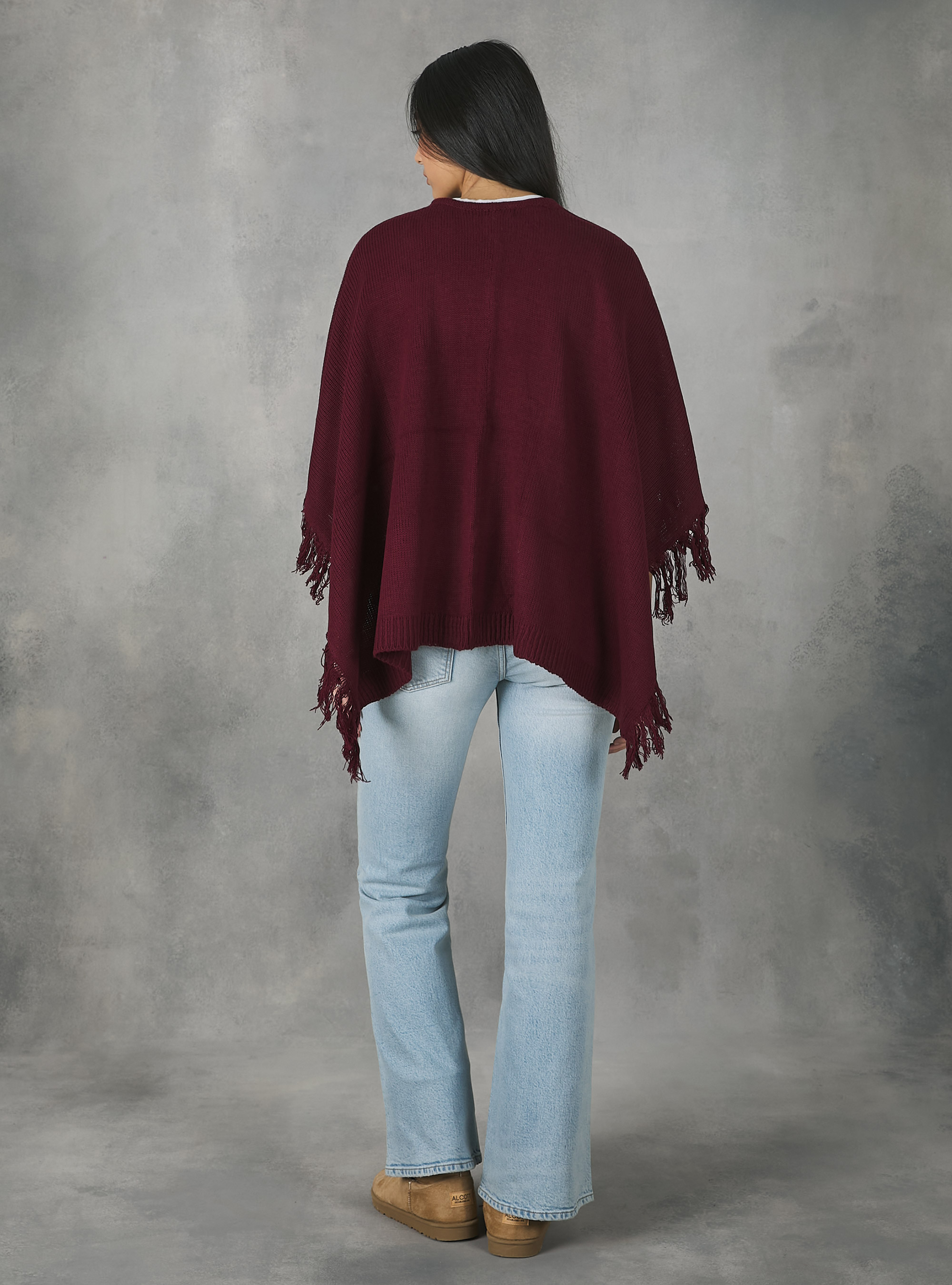 Poncho à franges, C326 BORDEAUX