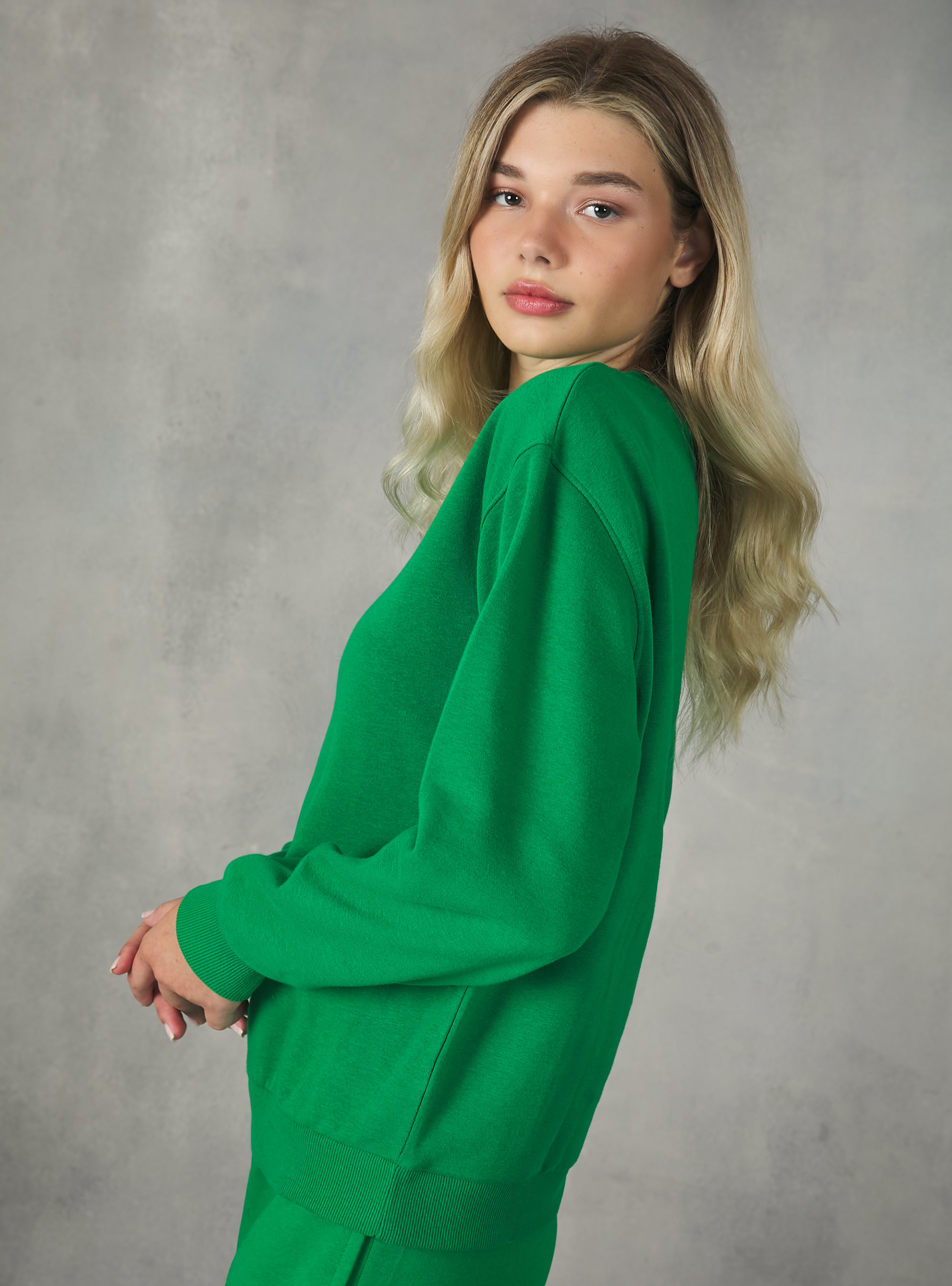 Plain-coloured cotton crew-neck sweatshirt, GN2 GREEN MEDIUM
