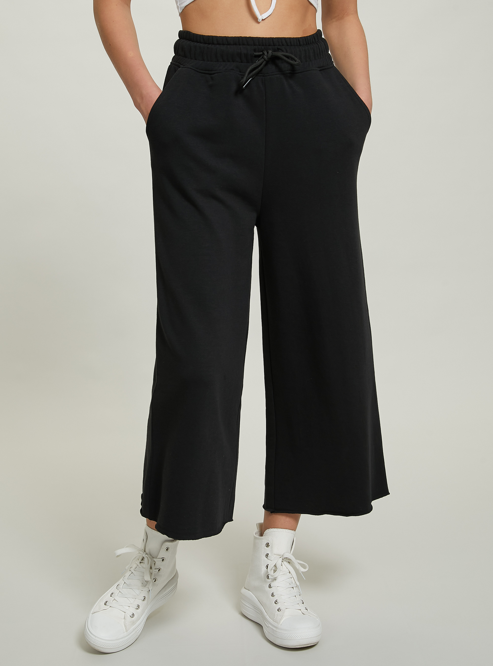 Cropped fleece leggings with elasticated waistband, BK1 BLACK