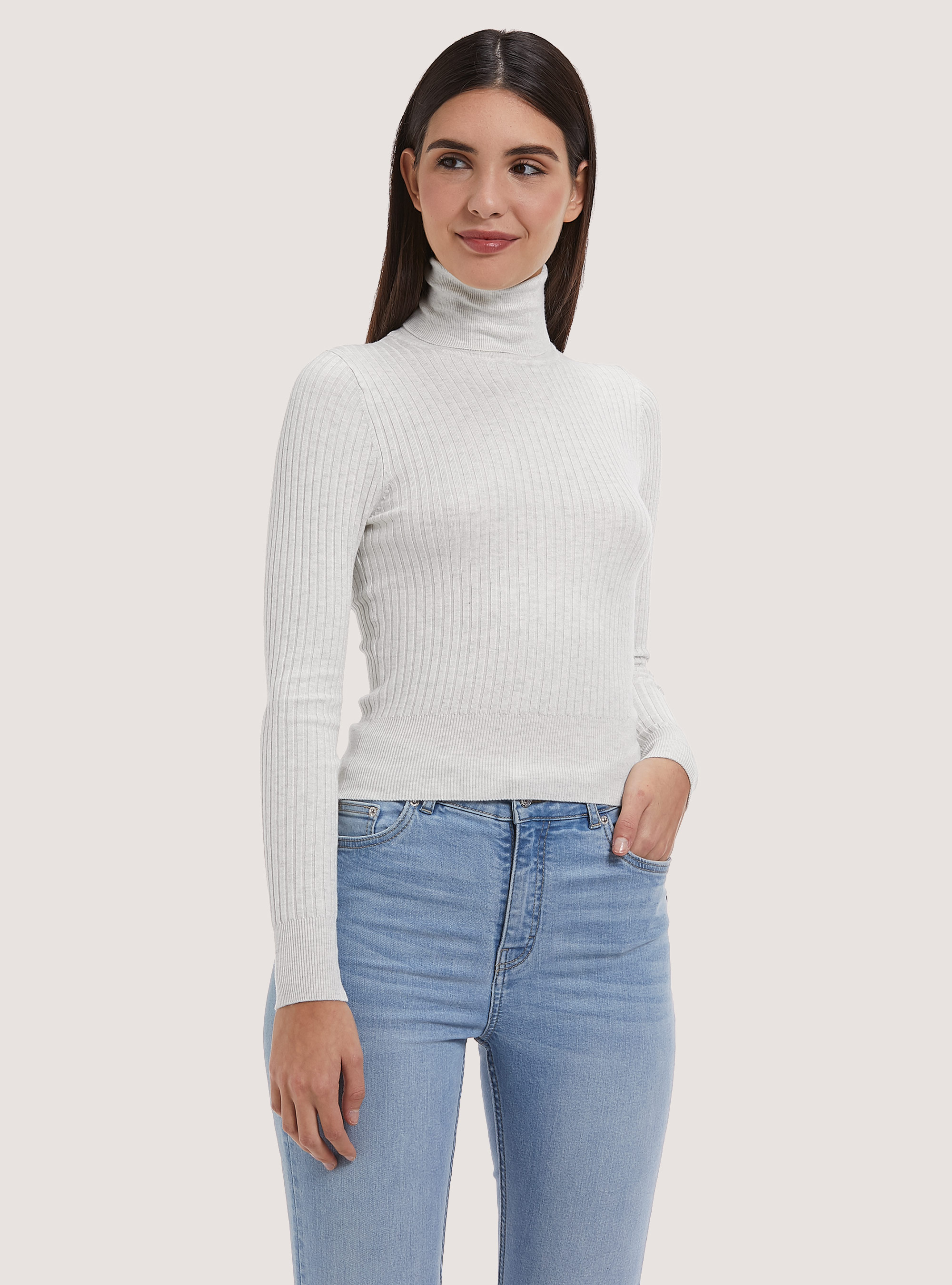 Pullover cropped a collo alto a coste, MGY3 GREY MEL LIGHT