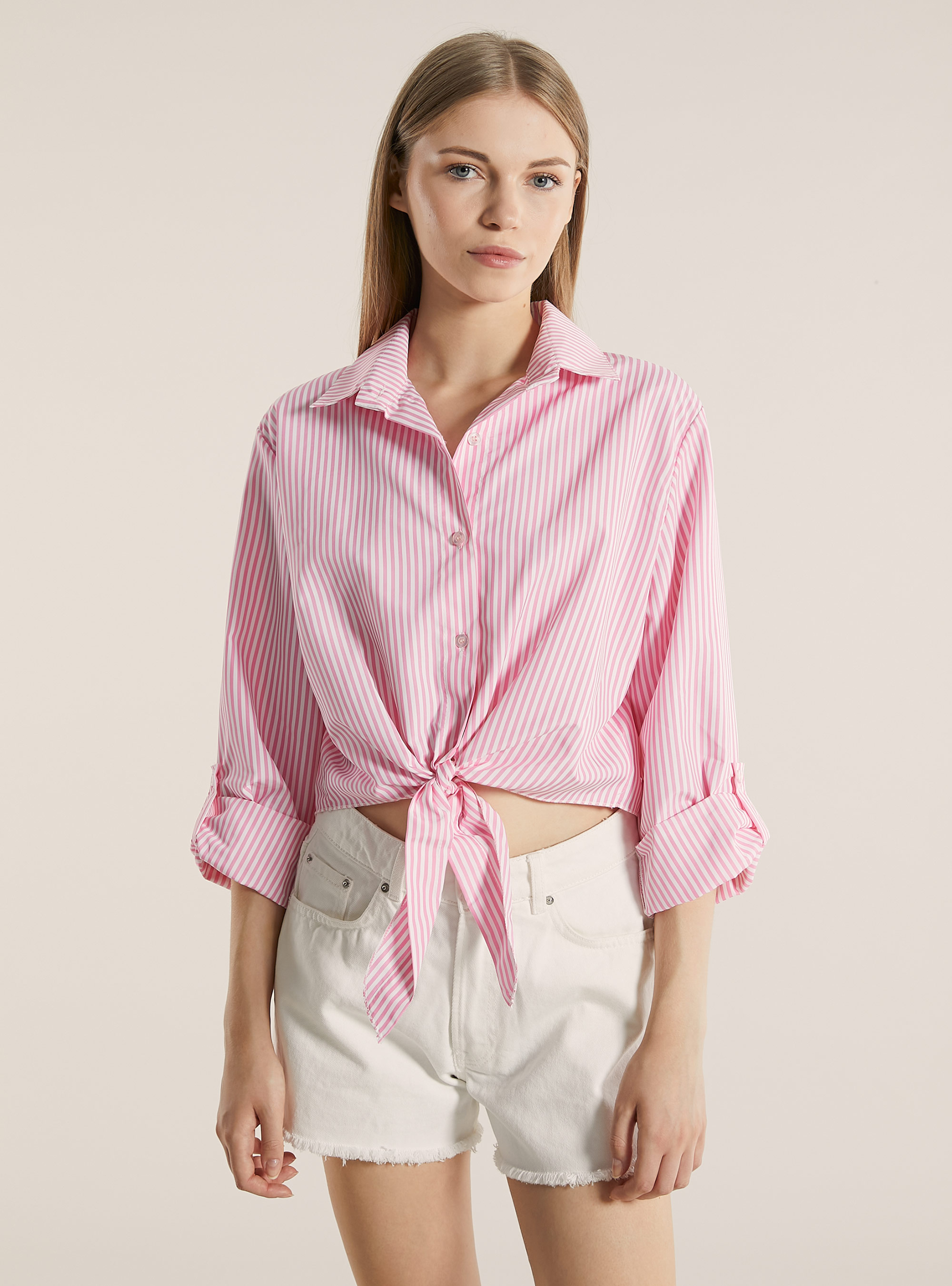 Chemise cropped en popeline rayée, PK2 PINK MEDIUM