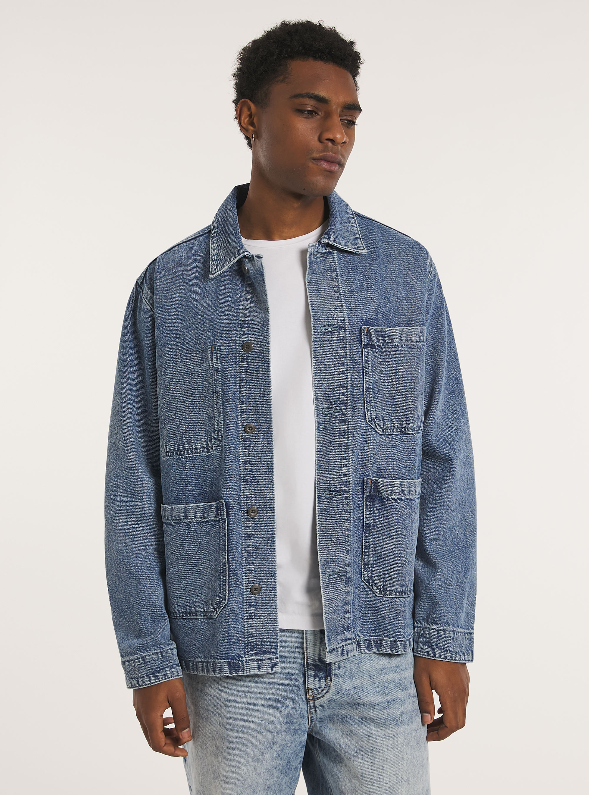 Giacca camicia in denim con tasconi, D006 AZURE