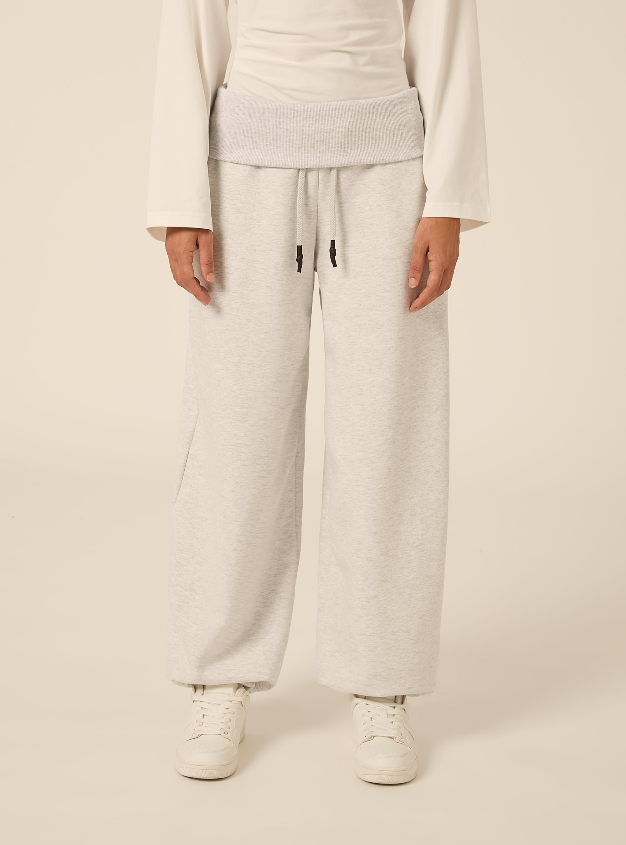 Pantaloni Jogger barrel fit con fascia risvoltata, GRIGIO CHIARO MELANGE