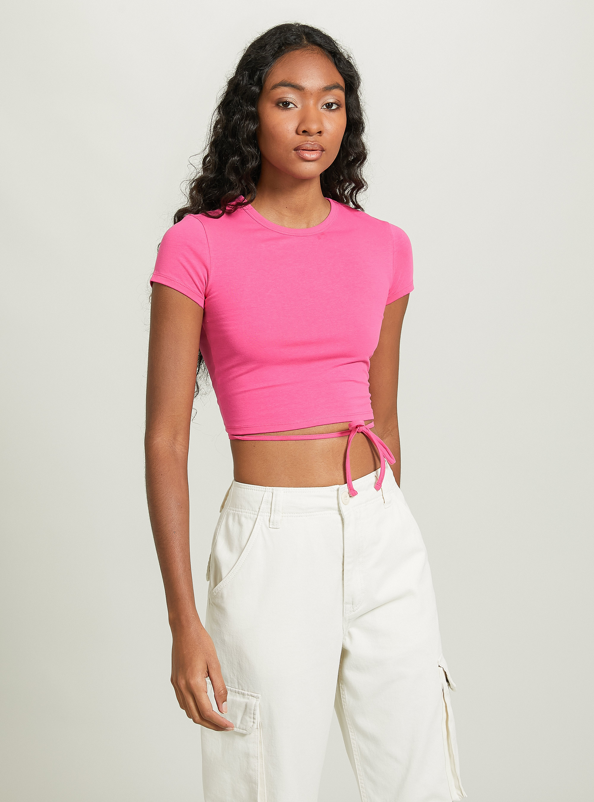 Cropped lace up t-shirt, FX2 FUXIA MEDIUM