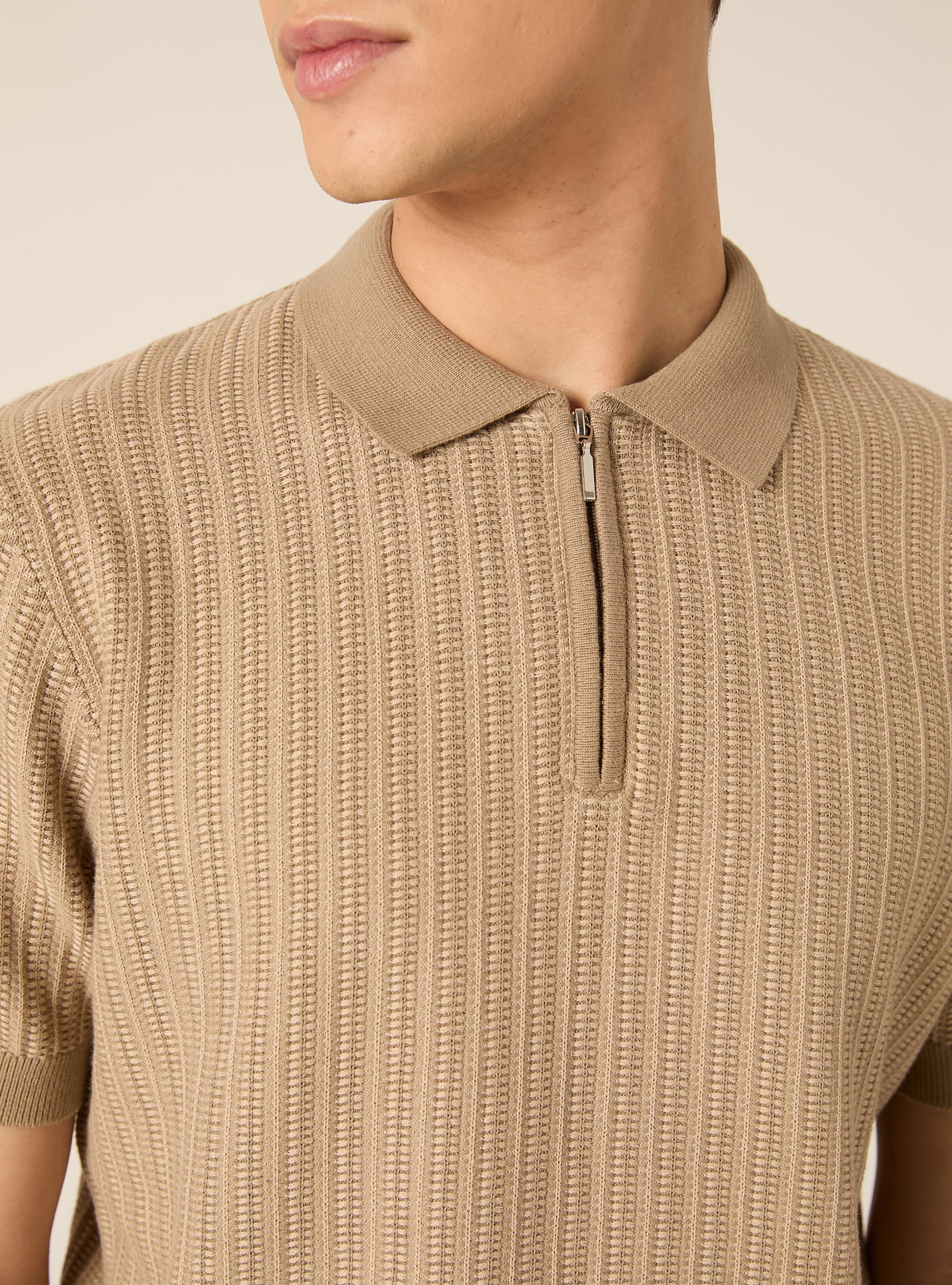 Polo in maglia con zip in misto cotone, BG2 BEIGE MEDIUM