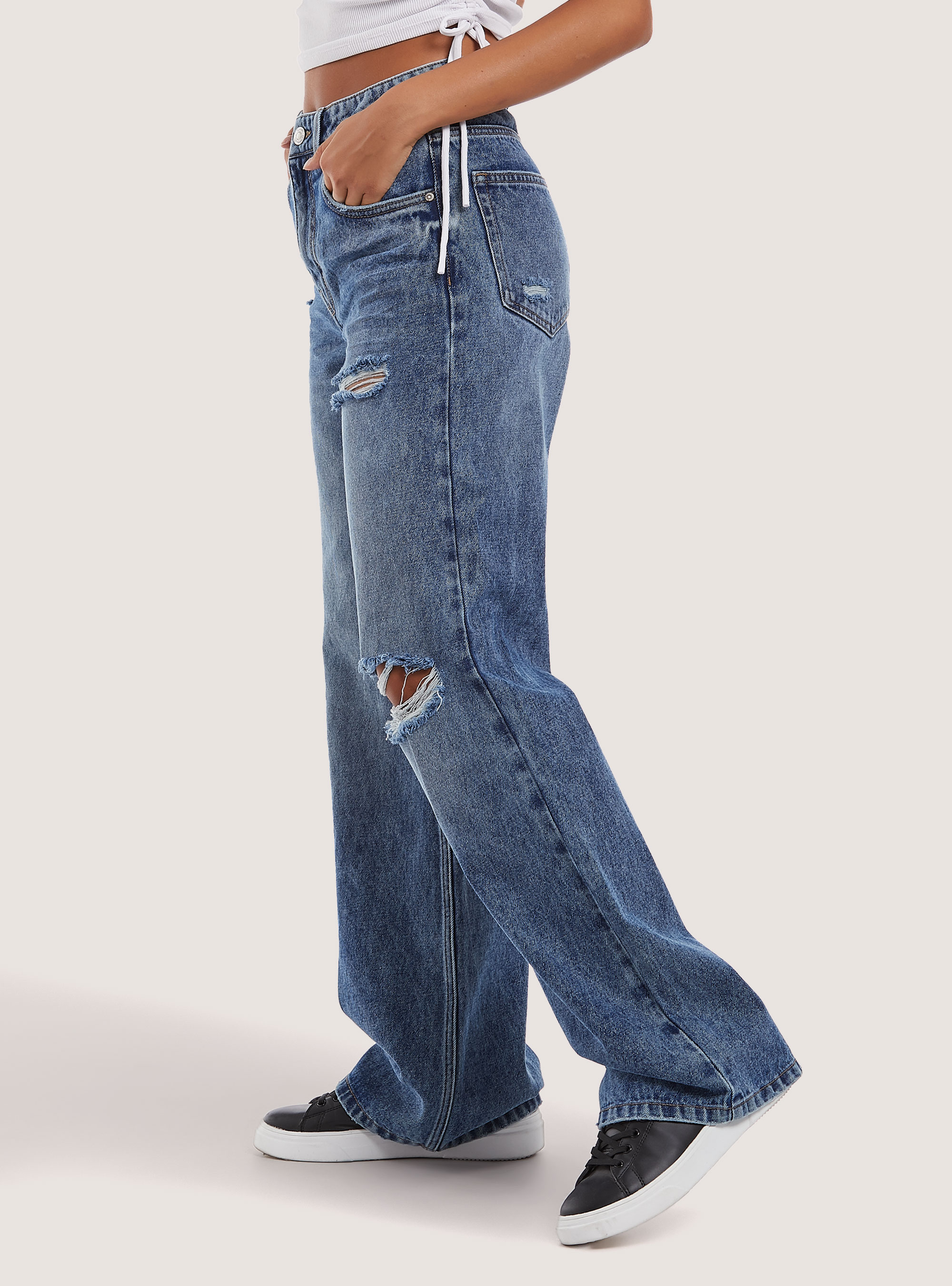 Jeans en coton &agrave; jambe large, D003 MEDIUM BLUE