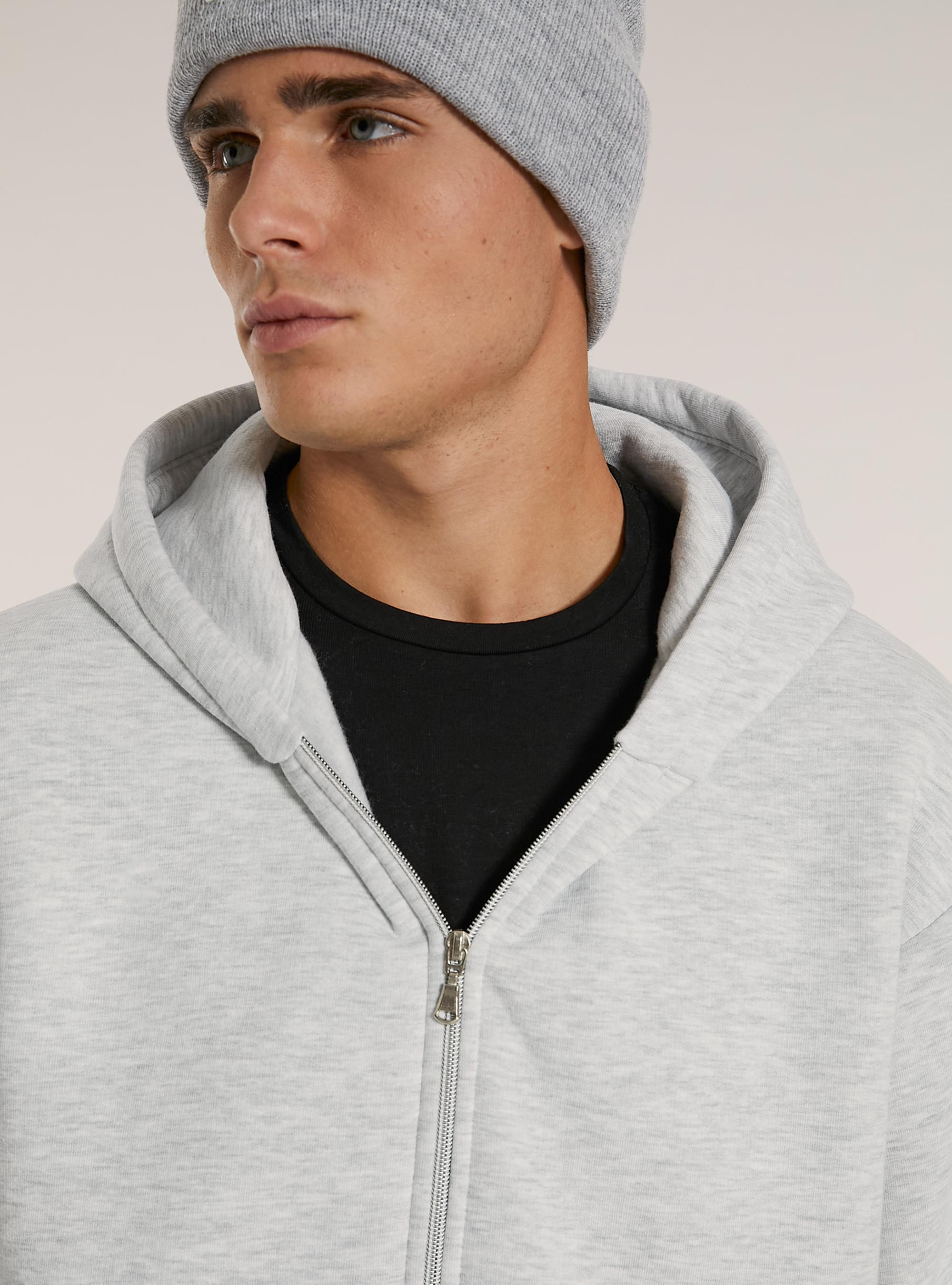 Sweatshirt mit Reißverschluss und kastenförmiger Kapuze, MGY3 GREY MEL LIGHT