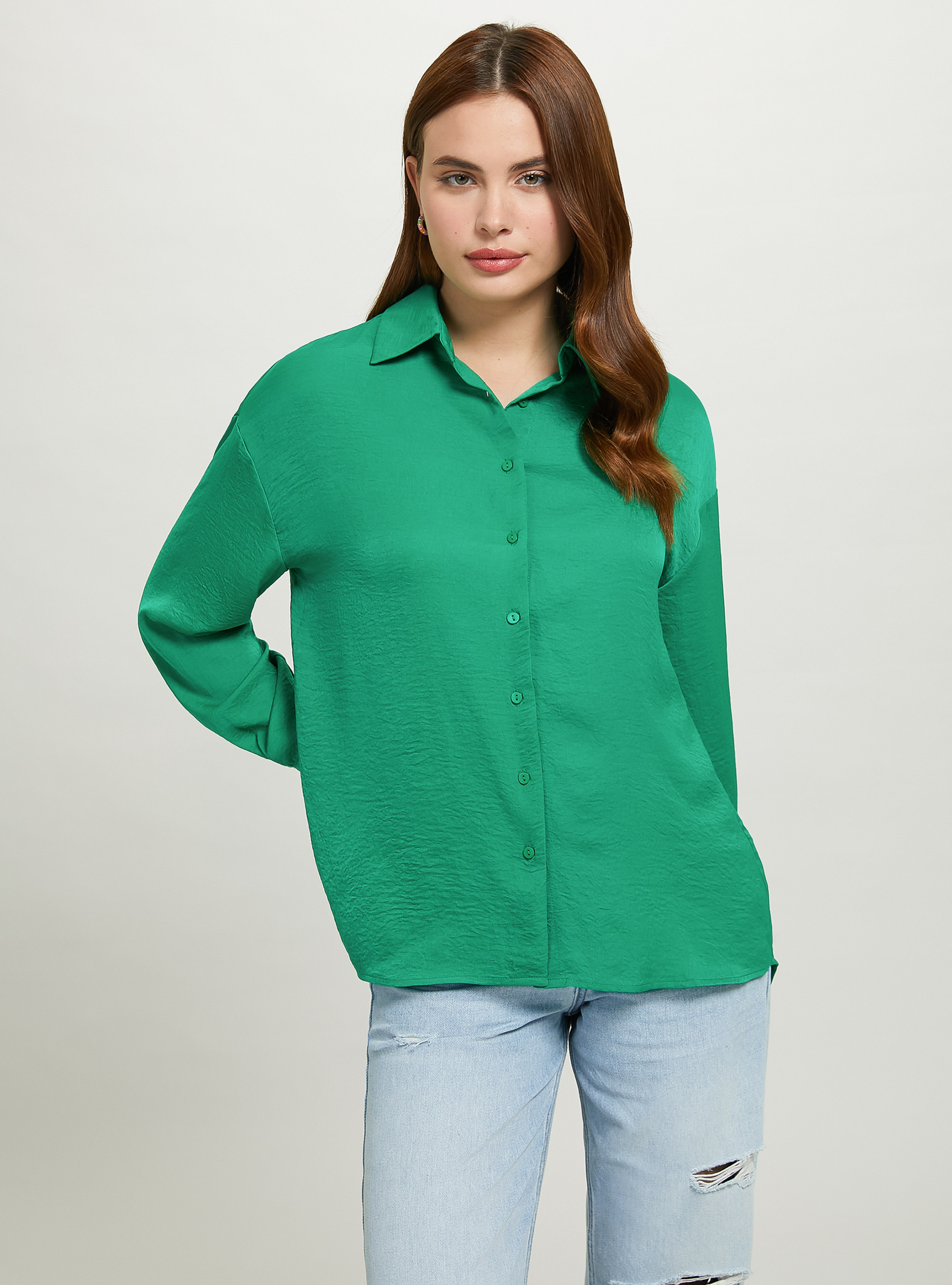 Solid-coloured satin shirt, GN2 GREEN MEDIUM
