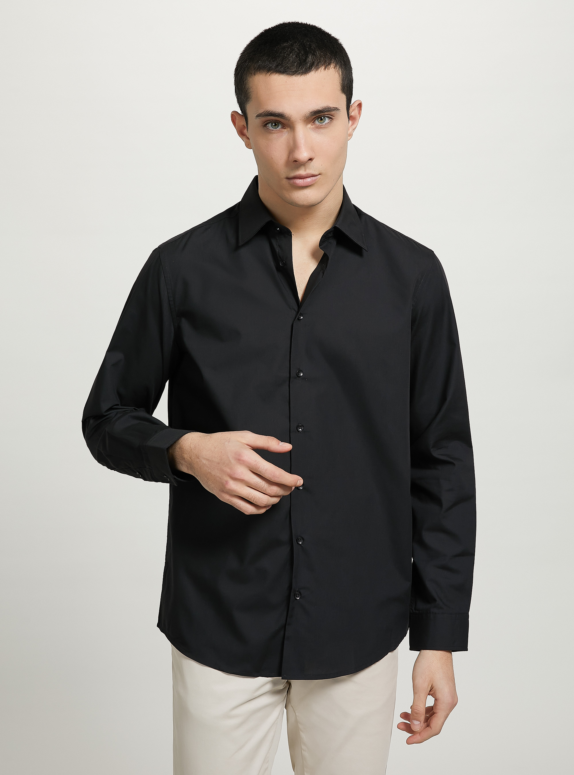 Plain-coloured long-sleeved shirt, BK1 BLACK
