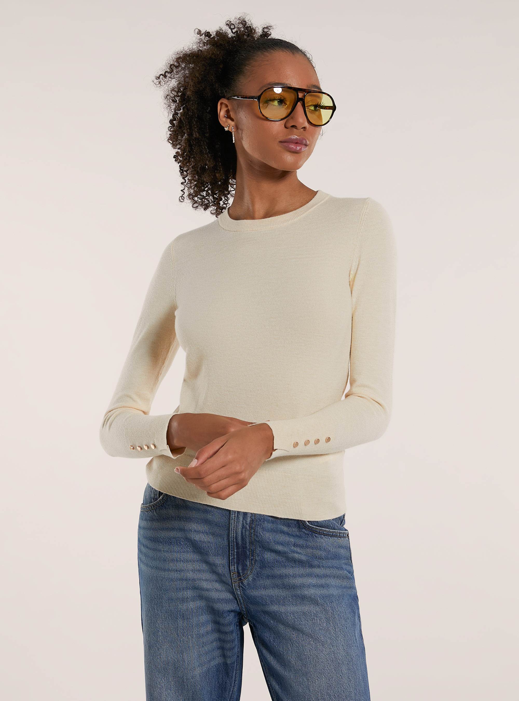 Maglia girocollo con bottoni, CR2 CREAM MEDIUM