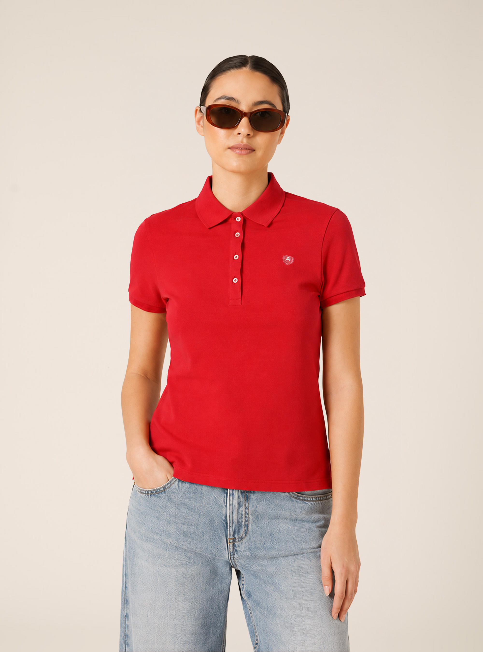 Polo en coton piqu&eacute; avec broderie, RD2 RED MEDIUM